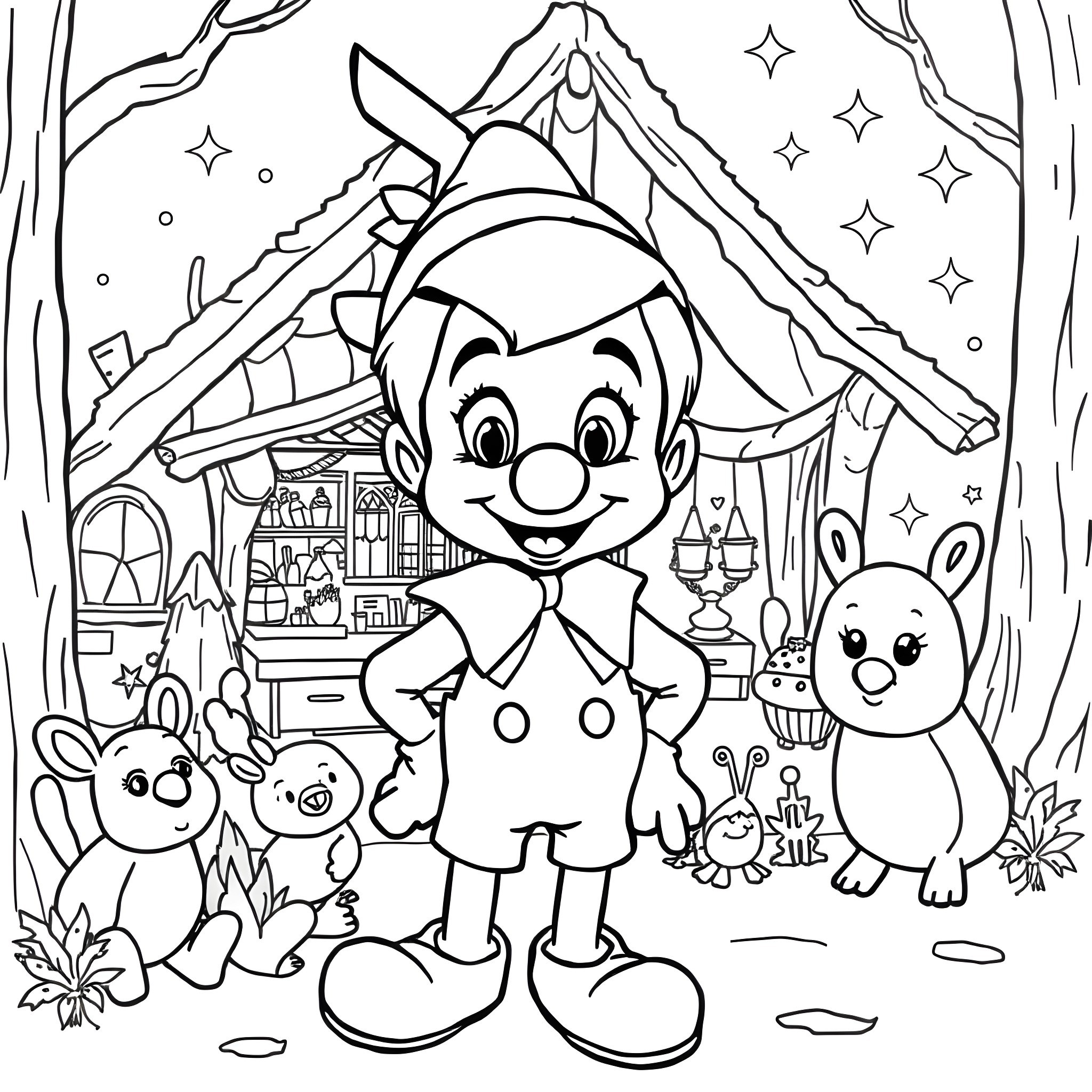 Pinocchio's Whimsical Adventure in the Enchanted Forest Coloring Page (free black-and-white line drawing printable PDF for all, from beginners to advanced learners, including children, teens, adults, and seniors)