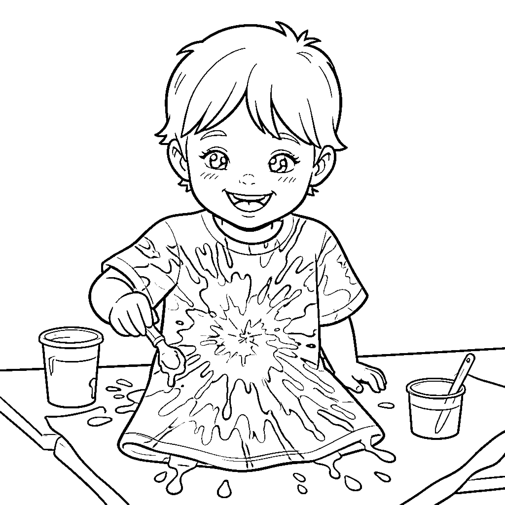Child happily engaged in creative art project Coloring Page (free black-and-white line drawing printable PDF for all, from beginners to advanced learners, including children, teens, adults, and seniors)