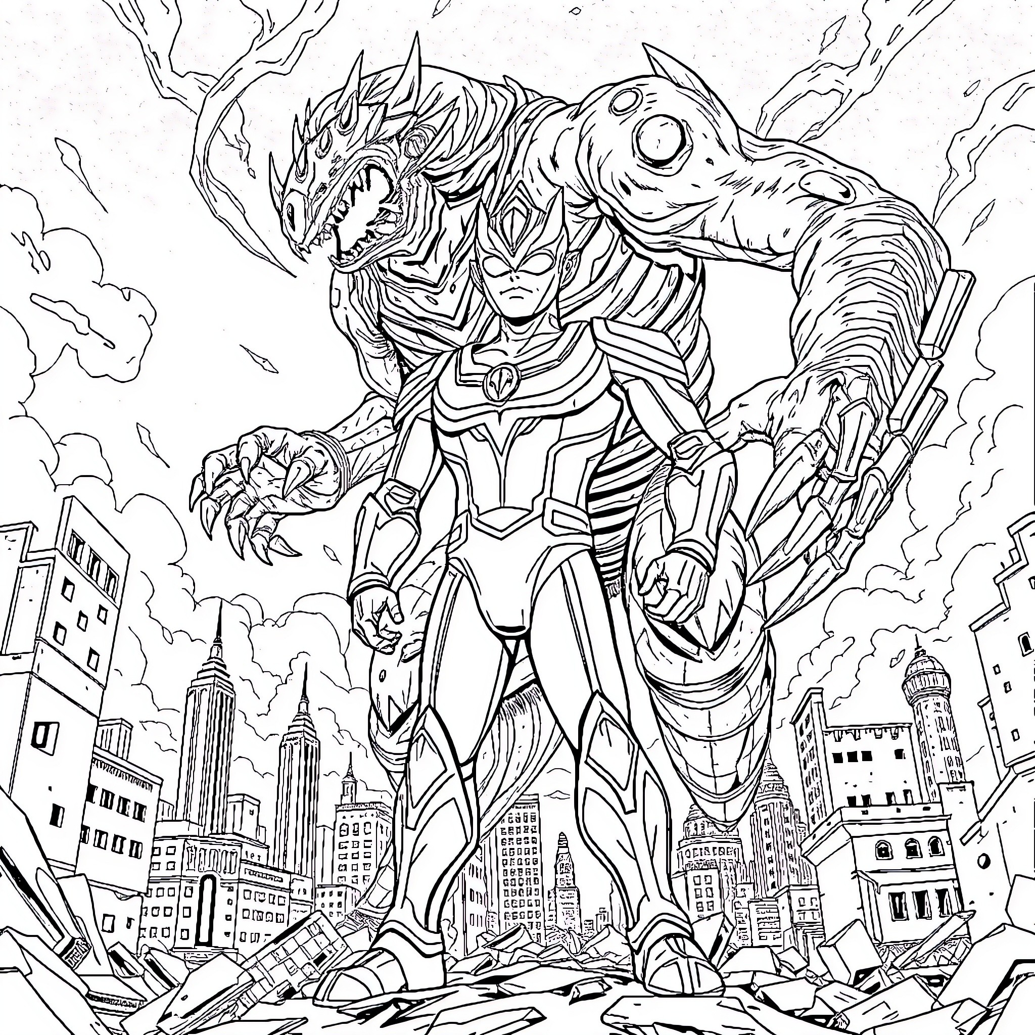 Ultraman battles giant monstrous creature in cityscape Coloring Page (free black-and-white line drawing printable PDF for all, from beginners to advanced learners, including children, teens, adults, and seniors)