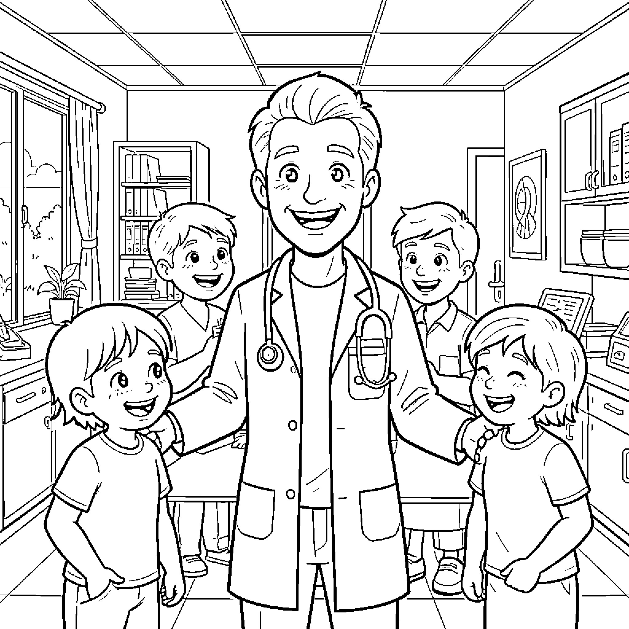 Doctor Smiling Warmly with Young Patients in Clinic Coloring Page (free black-and-white line drawing printable PDF for all, from beginners to advanced learners, including children, teens, adults, and seniors)