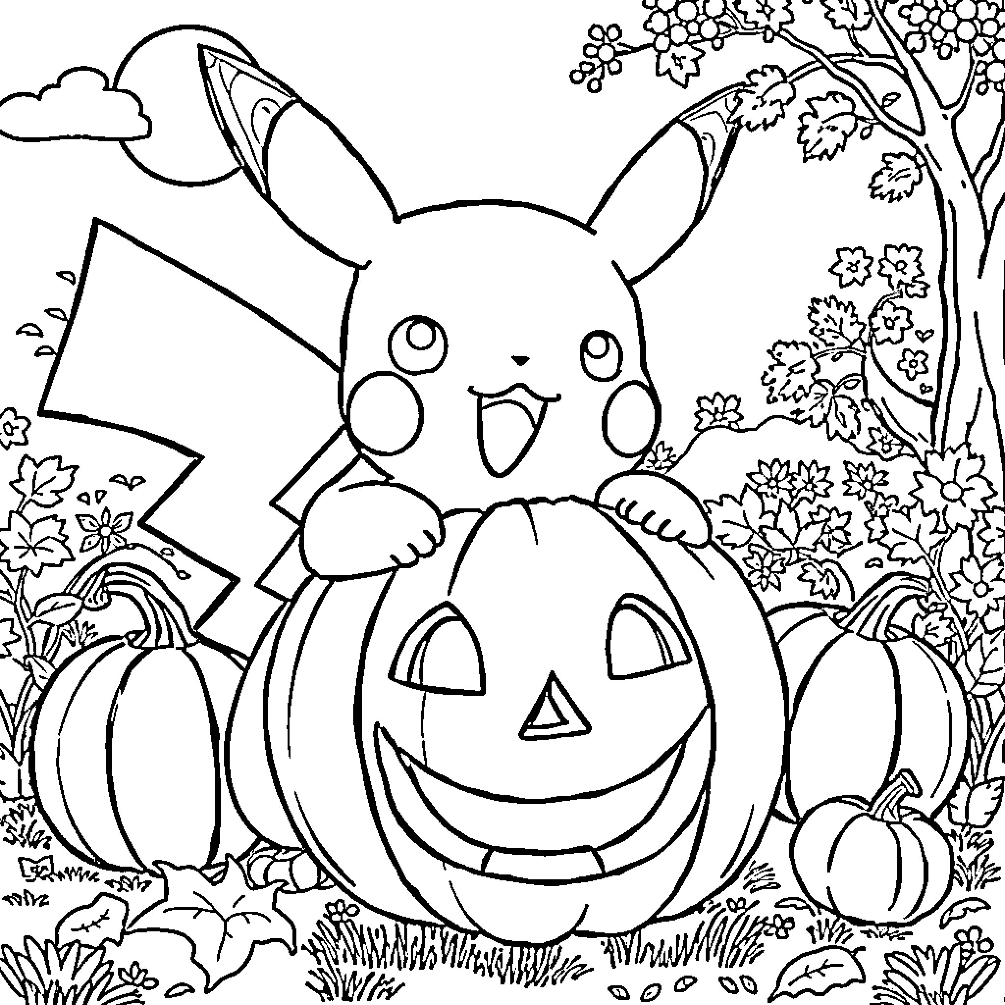 Pikachu in a spooky pumpkin patch Coloring Page (free black-and-white line drawing printable PDF for all, from beginners to advanced learners, including children, teens, adults, and seniors)