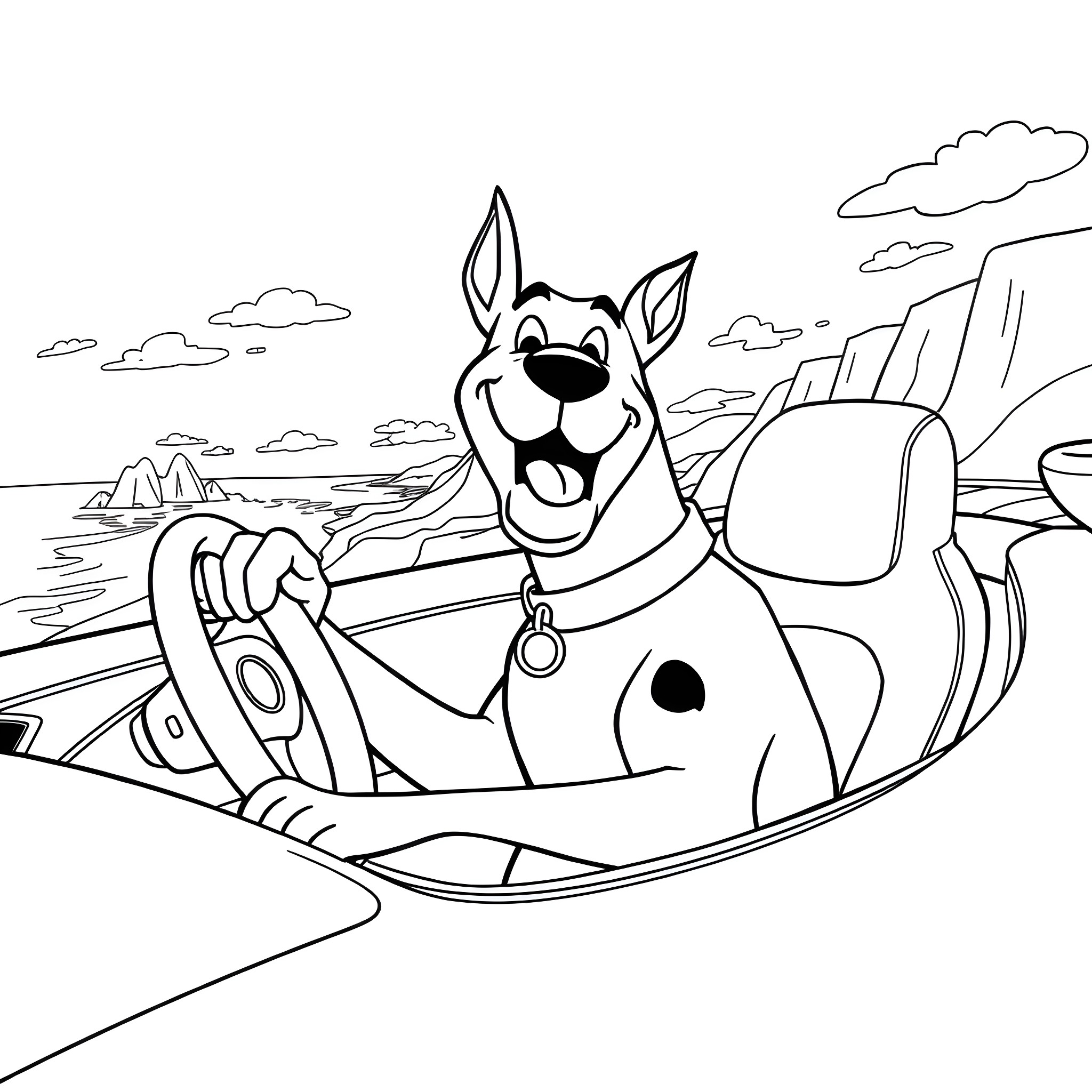 Scooby Doo driving adventurously in a scenic landscape Coloring Page (free black-and-white line drawing printable PDF for all, from beginners to advanced learners, including children, teens, adults, and seniors)