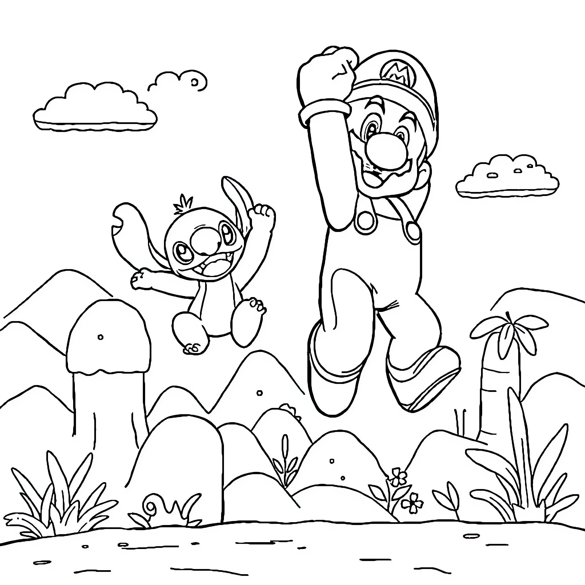 Mario's Playful Adventure in the Lush Landscape Coloring Page (free black-and-white line drawing printable PDF for all, from beginners to advanced learners, including children, teens, adults, and seniors)