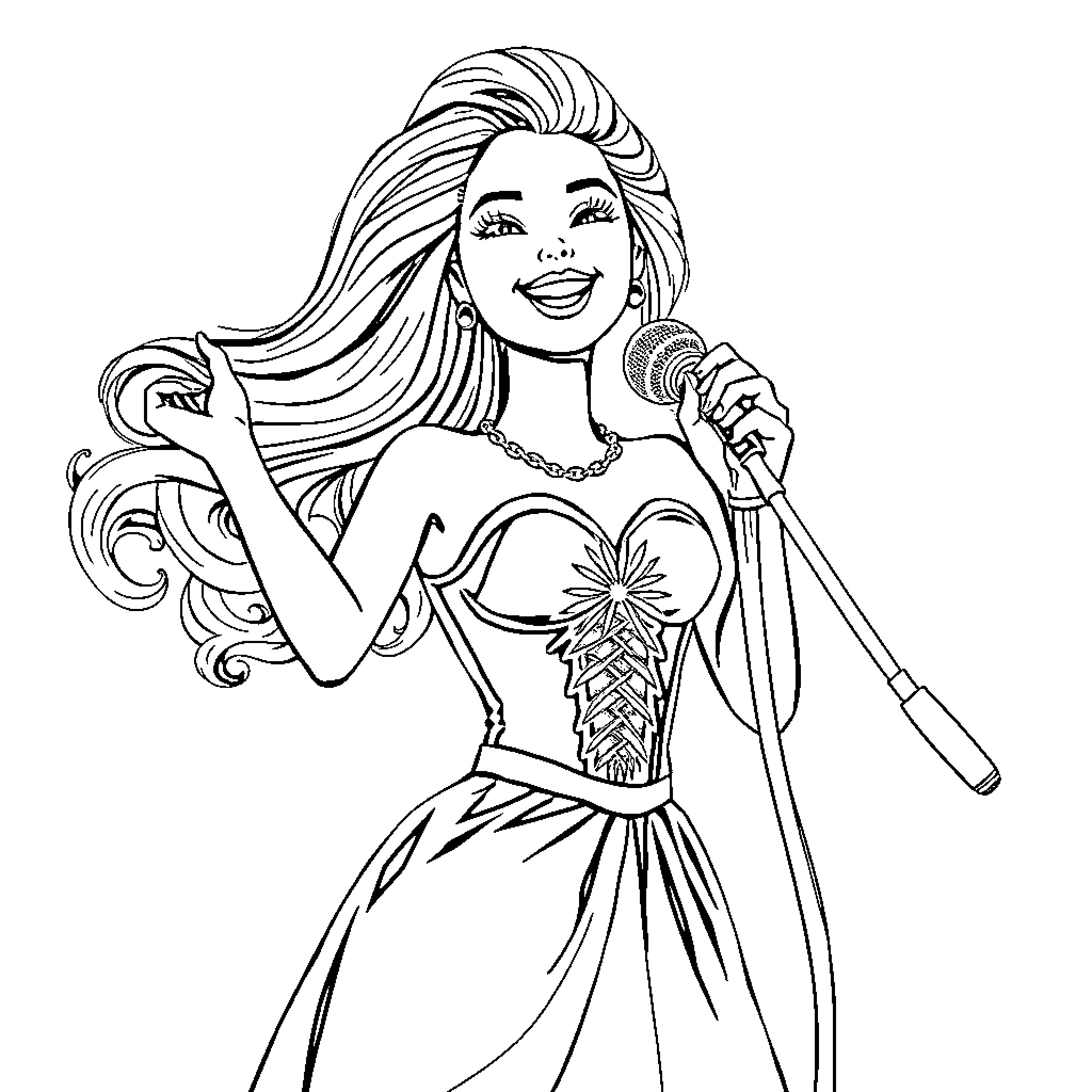 Barbie singing and performing on stage Coloring Page (free black-and-white line drawing printable PDF for all, from beginners to advanced learners, including children, teens, adults, and seniors)