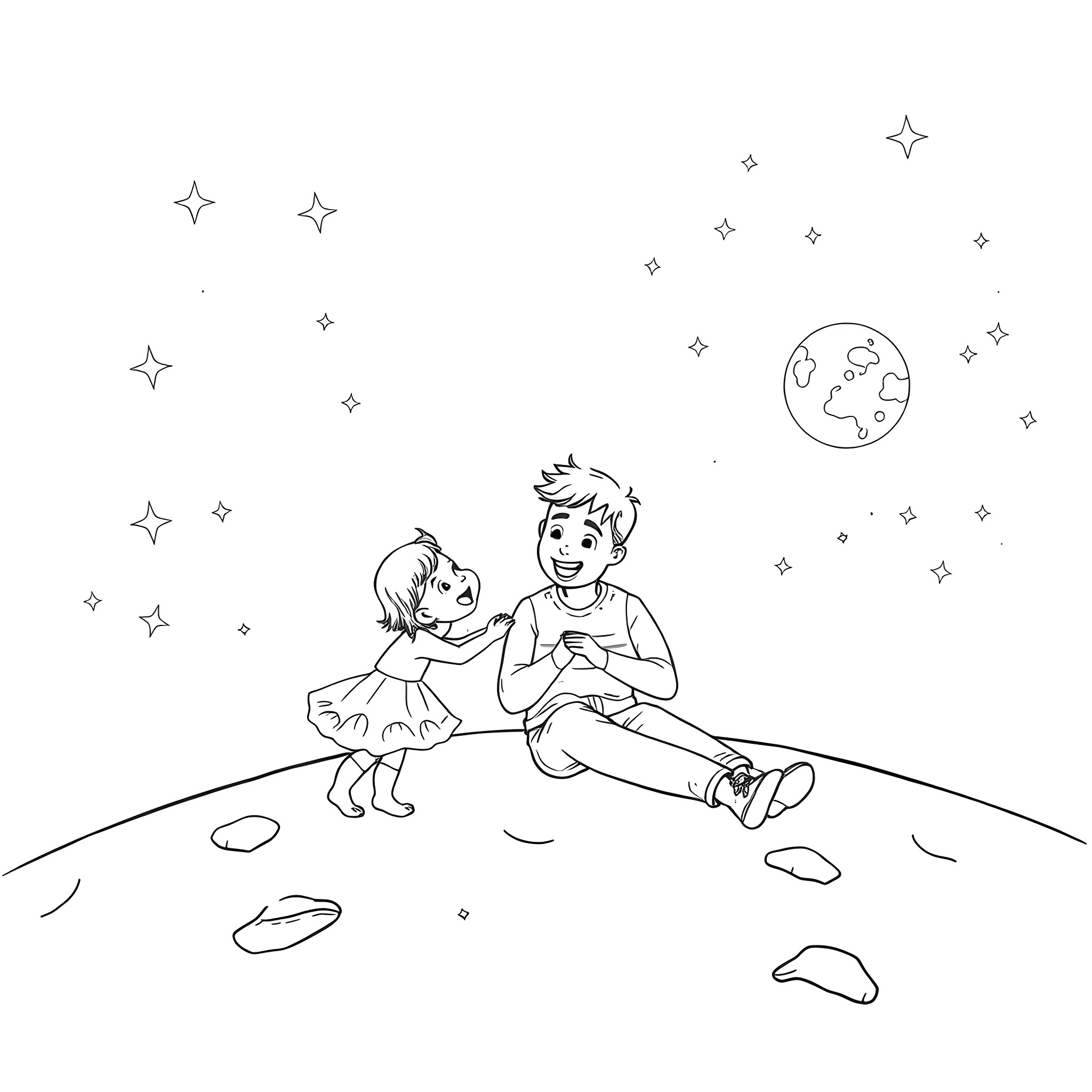 Dad and child exploring the starry night sky Coloring Page (free black-and-white line drawing printable PDF for all, from beginners to advanced learners, including children, teens, adults, and seniors)