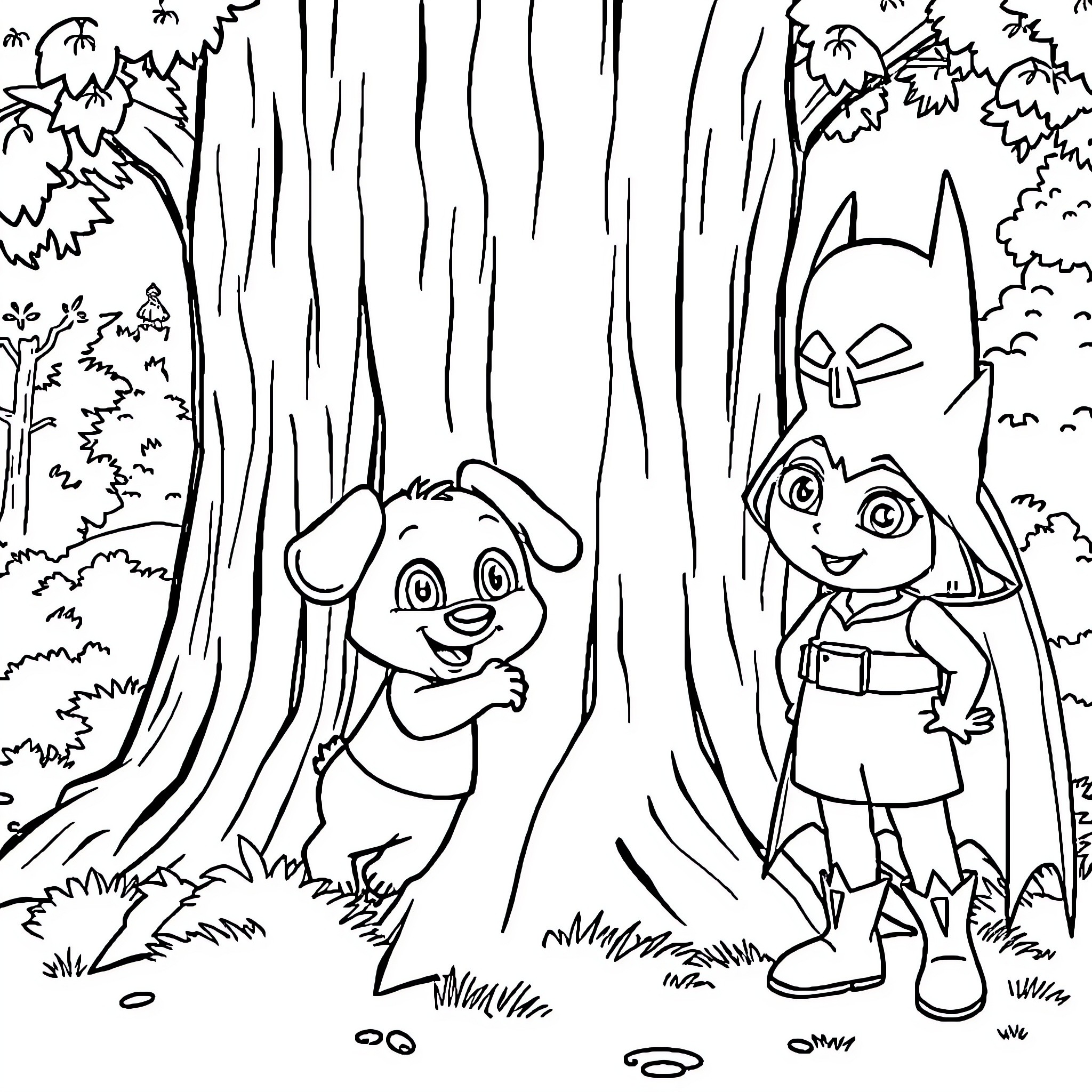 Bluey and friends exploring the forest Coloring Page (free black-and-white line drawing printable PDF for all, from beginners to advanced learners, including children, teens, adults, and seniors)