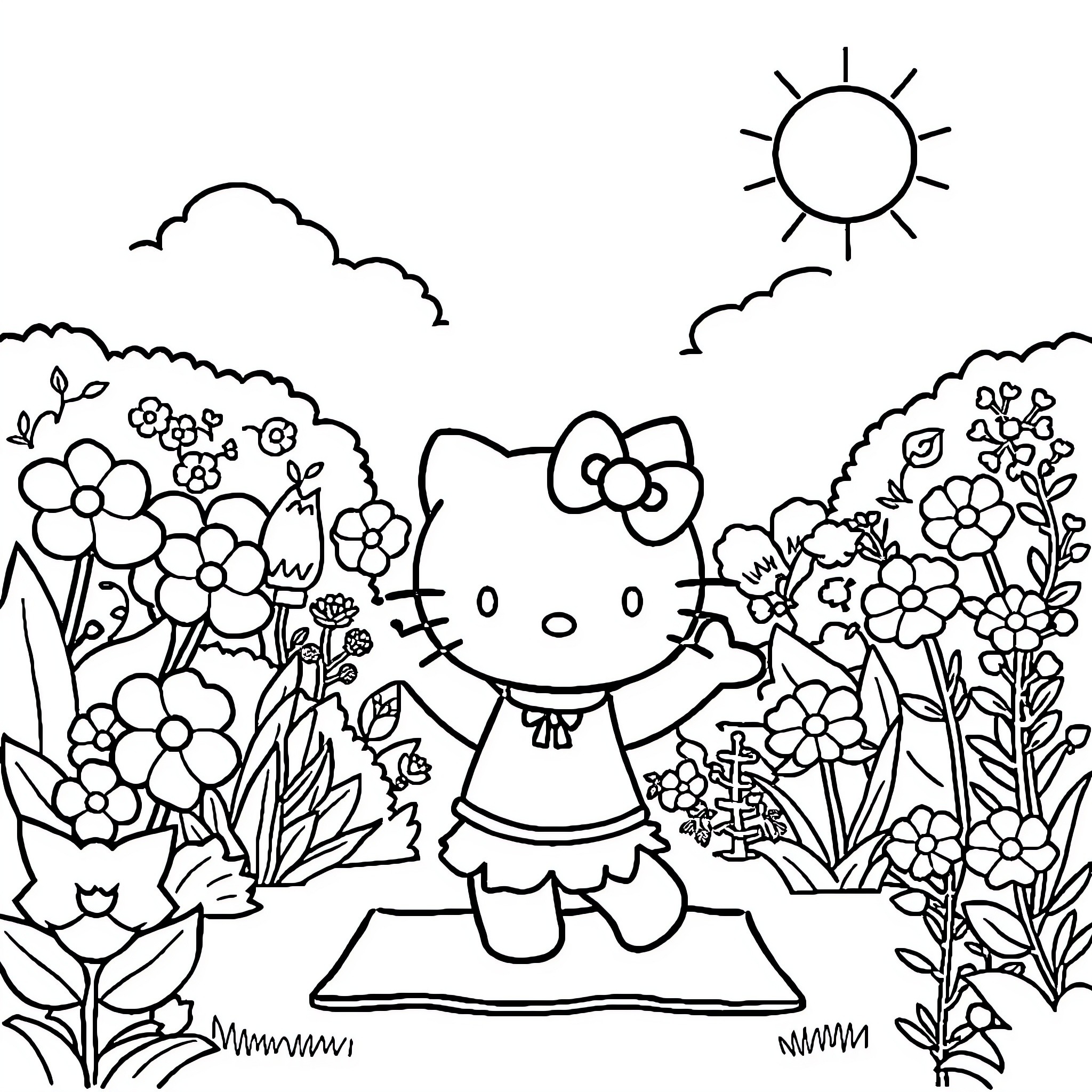 Hello Kitty enjoying nature's beauty Coloring Page (free black-and-white line drawing printable PDF for all, from beginners to advanced learners, including children, teens, adults, and seniors)