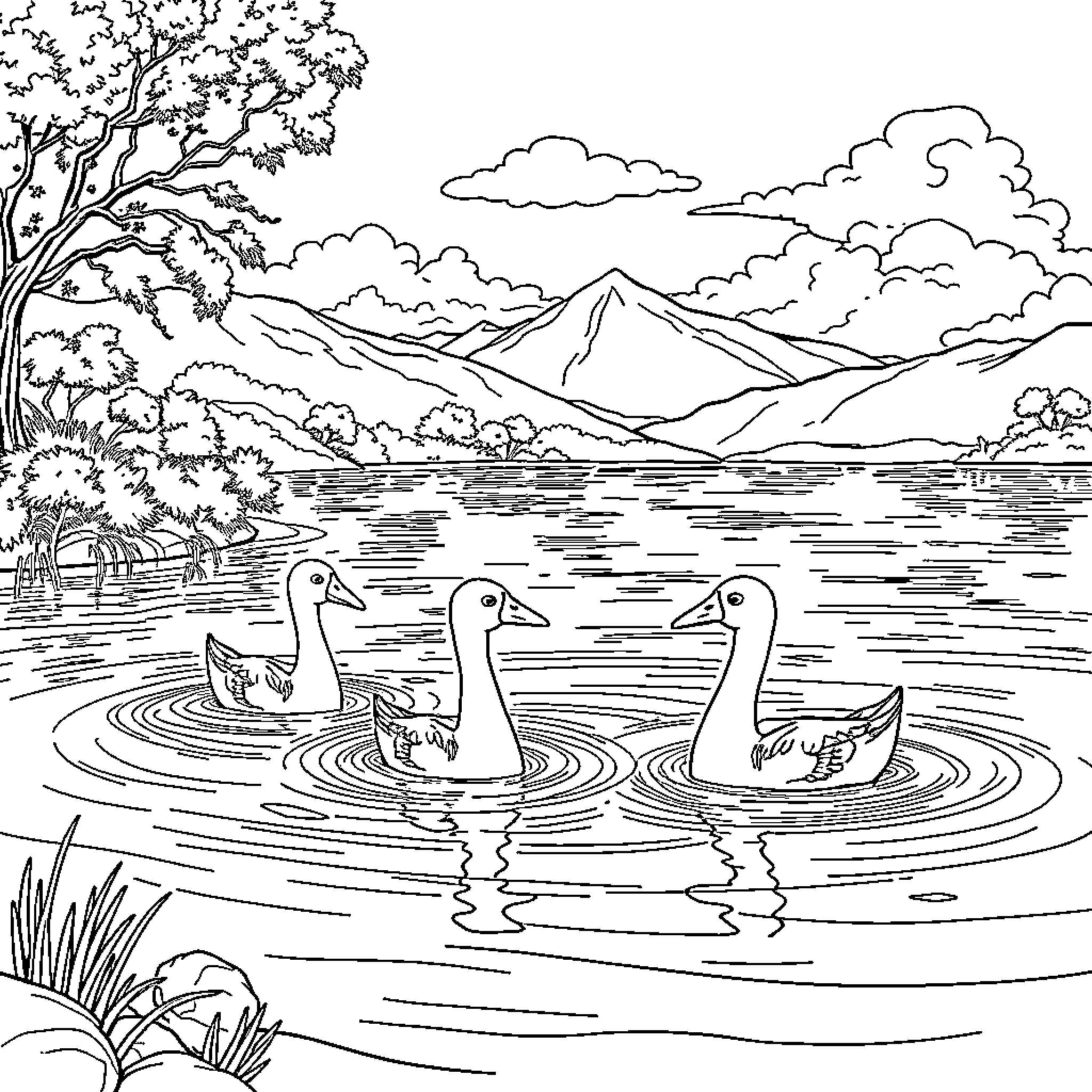 Ducks swimming peacefully in the serene lake Coloring Page (free black-and-white line drawing printable PDF for all, from beginners to advanced learners, including children, teens, adults, and seniors)