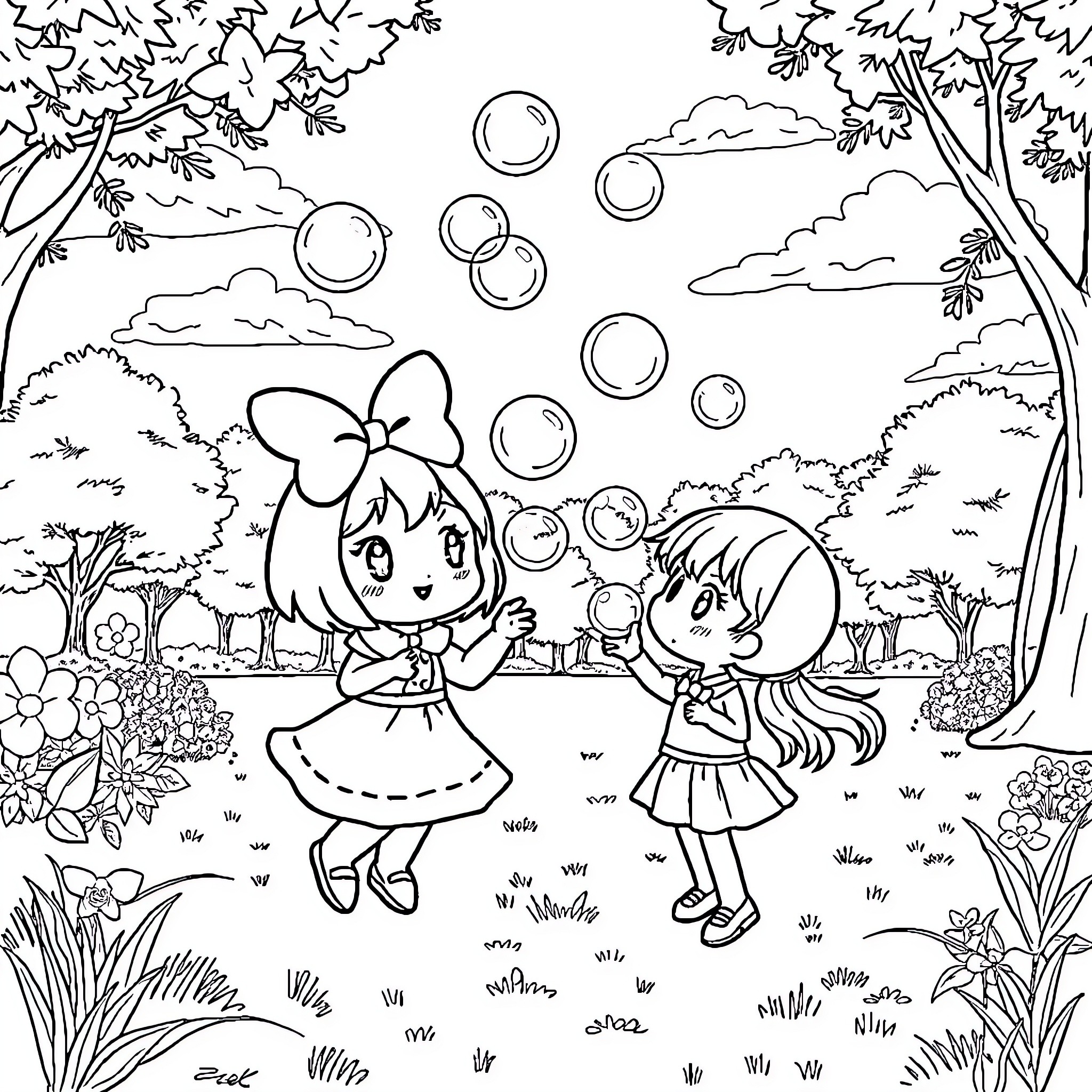 My Melody: Girls Playing with Bubbles in the Garden Coloring Page (free black-and-white line drawing printable PDF for all, from beginners to advanced learners, including children, teens, adults, and seniors)