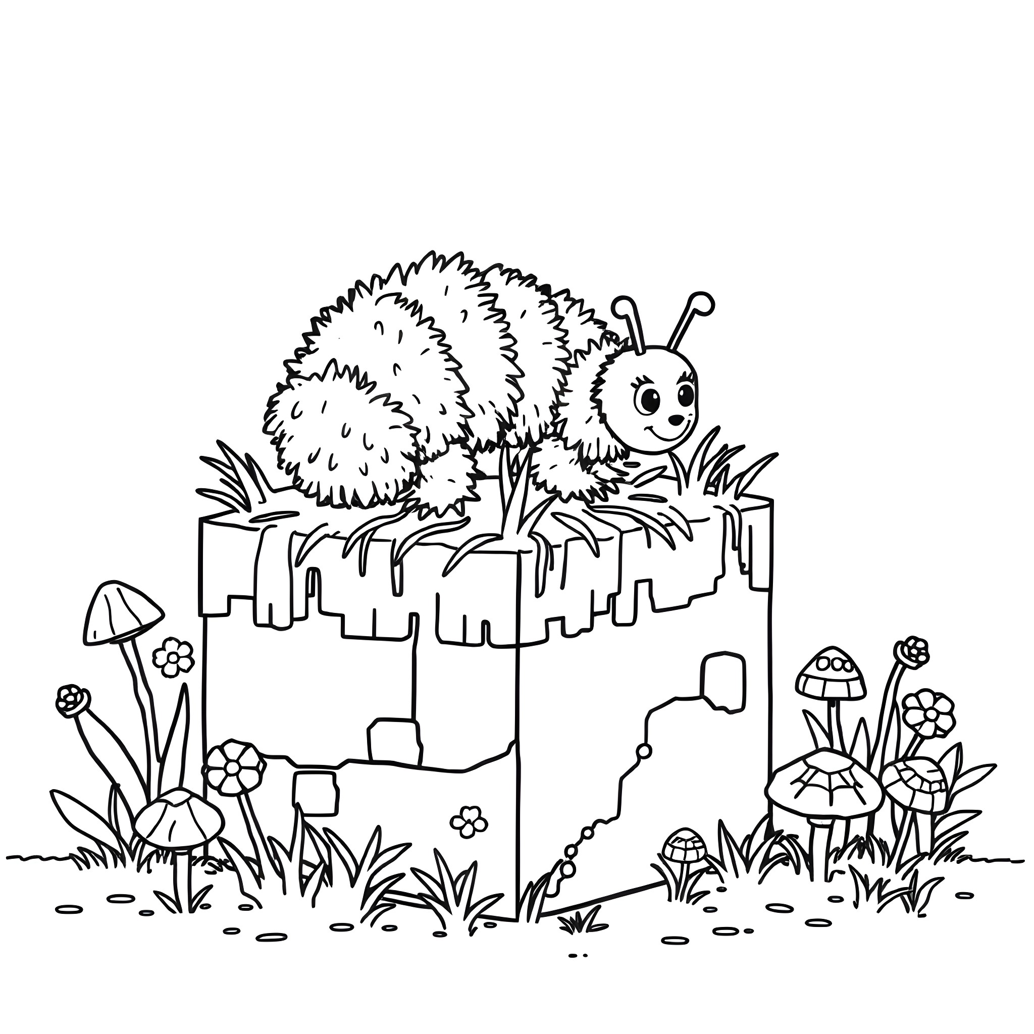 Caterpillar in a whimsical mushroom forest Coloring Page (free black-and-white line drawing printable PDF for all, from beginners to advanced learners, including children, teens, adults, and seniors)