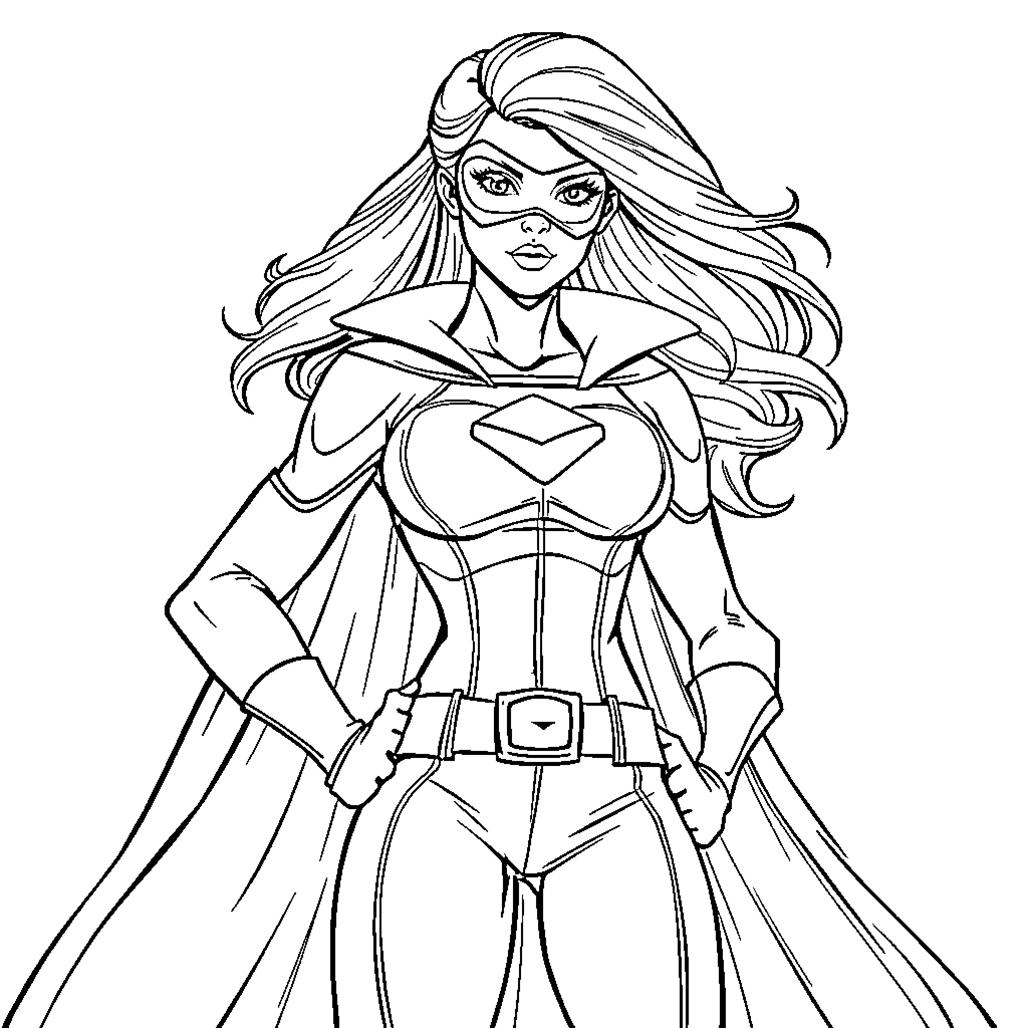Superhero woman in heroic pose with flowing hair Coloring Page (free black-and-white line drawing printable PDF for all, from beginners to advanced learners, including children, teens, adults, and seniors)