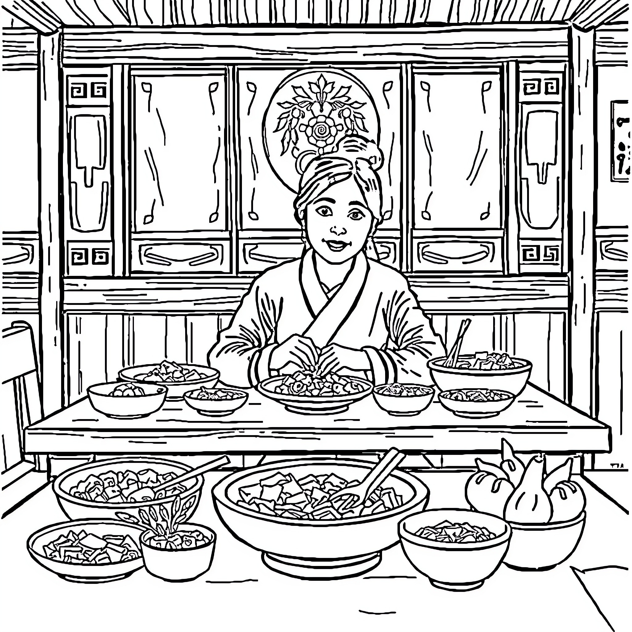 Lee Cheosan at the Korean Food Market Coloring Page (free black-and-white line drawing printable PDF for all, from beginners to advanced learners, including children, teens, adults, and seniors)
