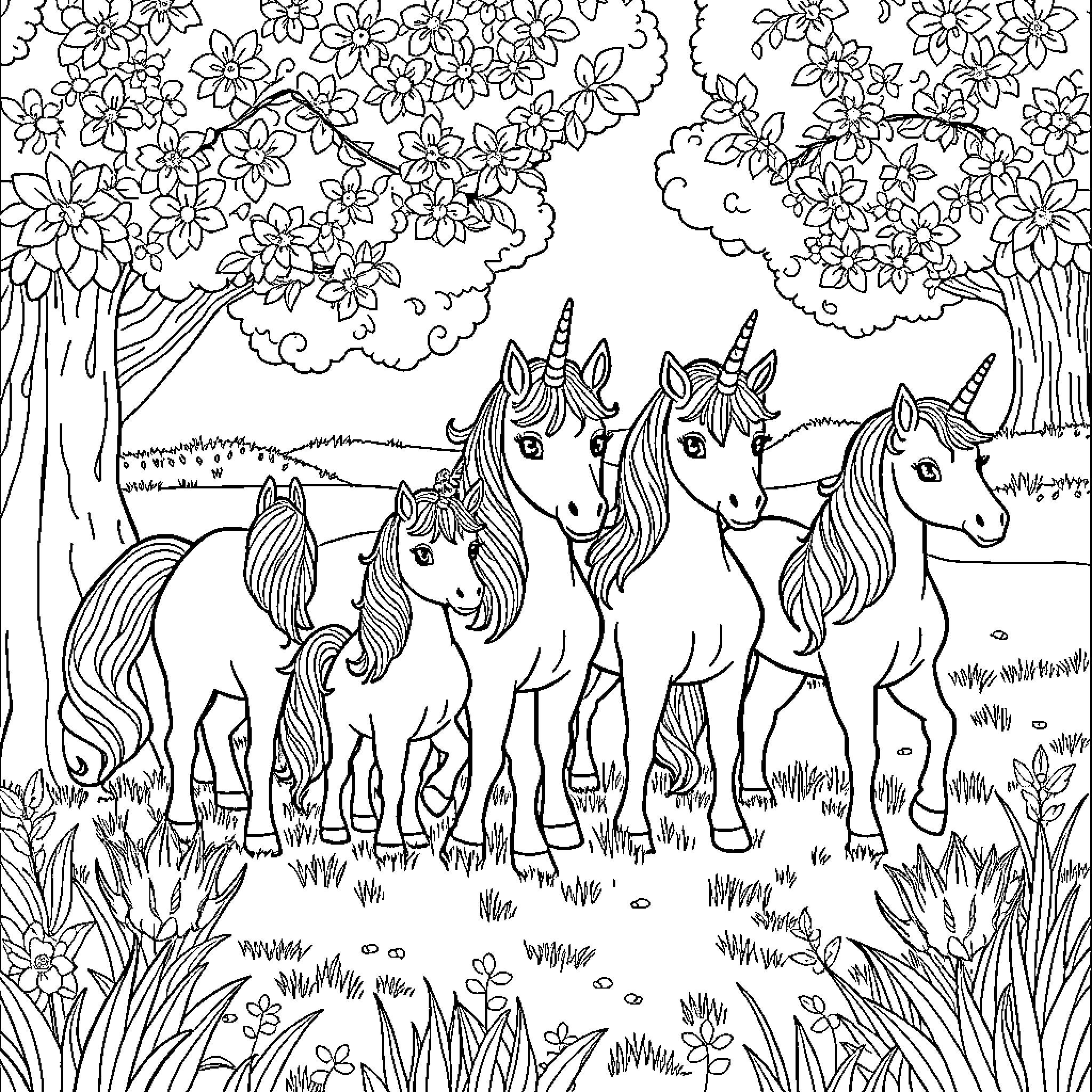 Unicorn family enjoying a peaceful forest scene Coloring Page (free black-and-white line drawing printable PDF for all, from beginners to advanced learners, including children, teens, adults, and seniors)