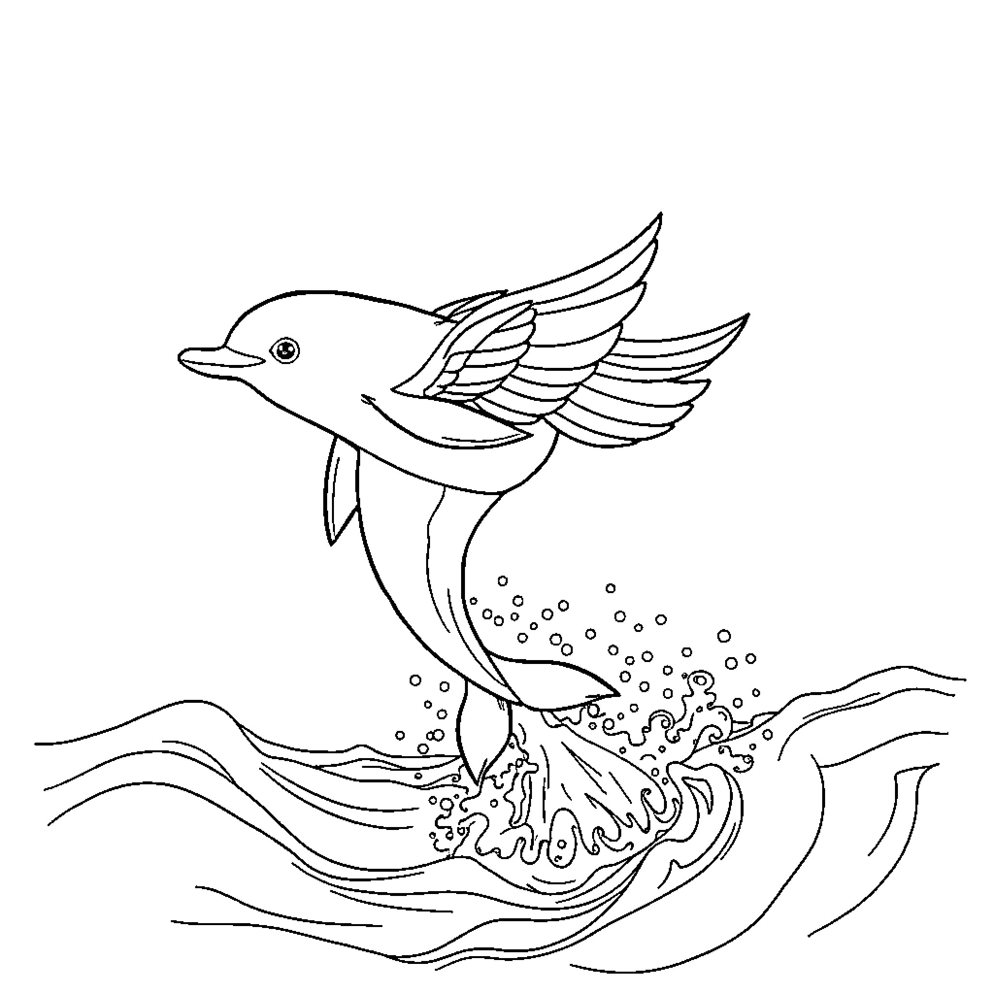 Dolphin swimming gracefully through the waves Coloring Page (free black-and-white line drawing printable PDF for all, from beginners to advanced learners, including children, teens, adults, and seniors)