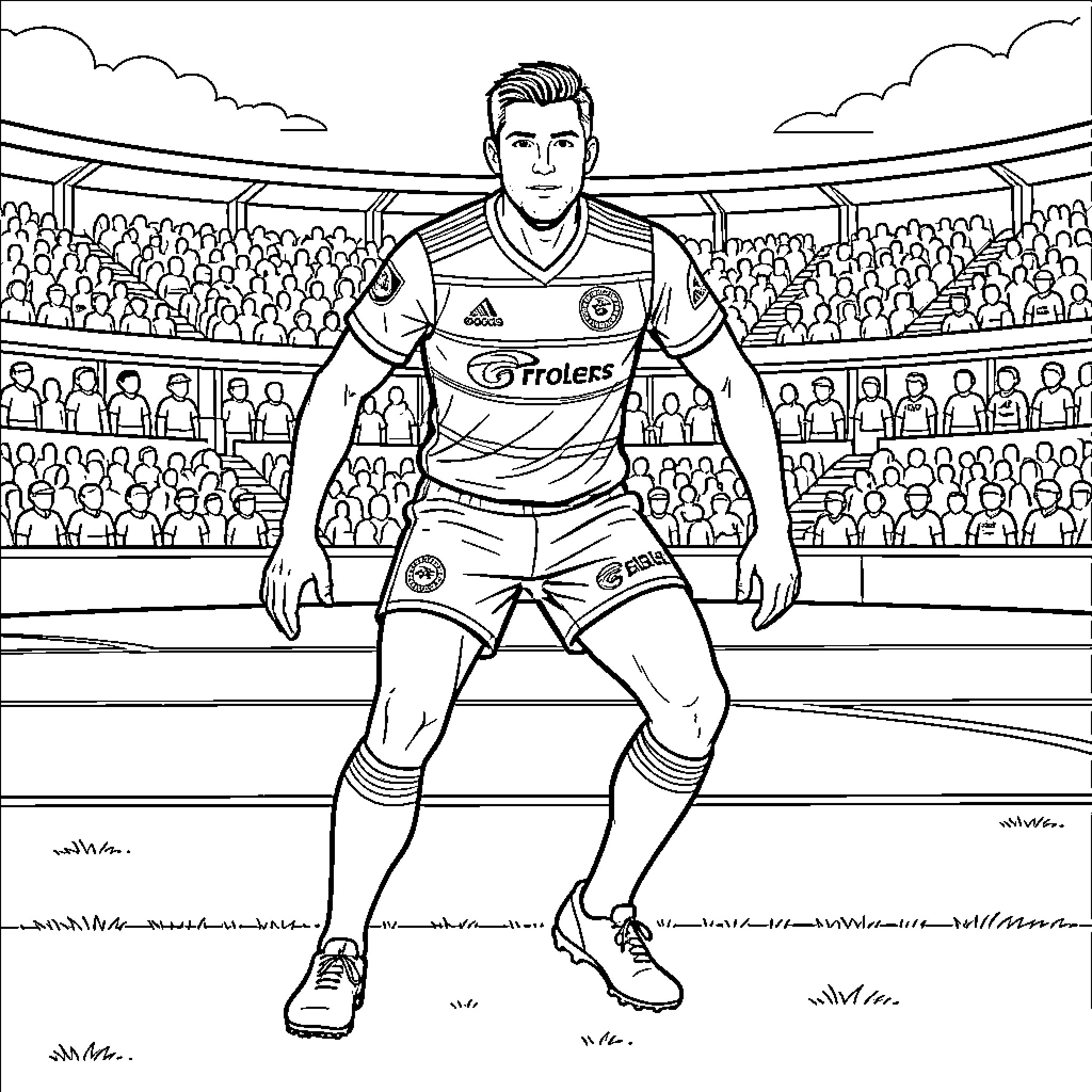 Shai Bolton posing in football kit on the field Coloring Page (free black-and-white line drawing printable PDF for all, from beginners to advanced learners, including children, teens, adults, and seniors)