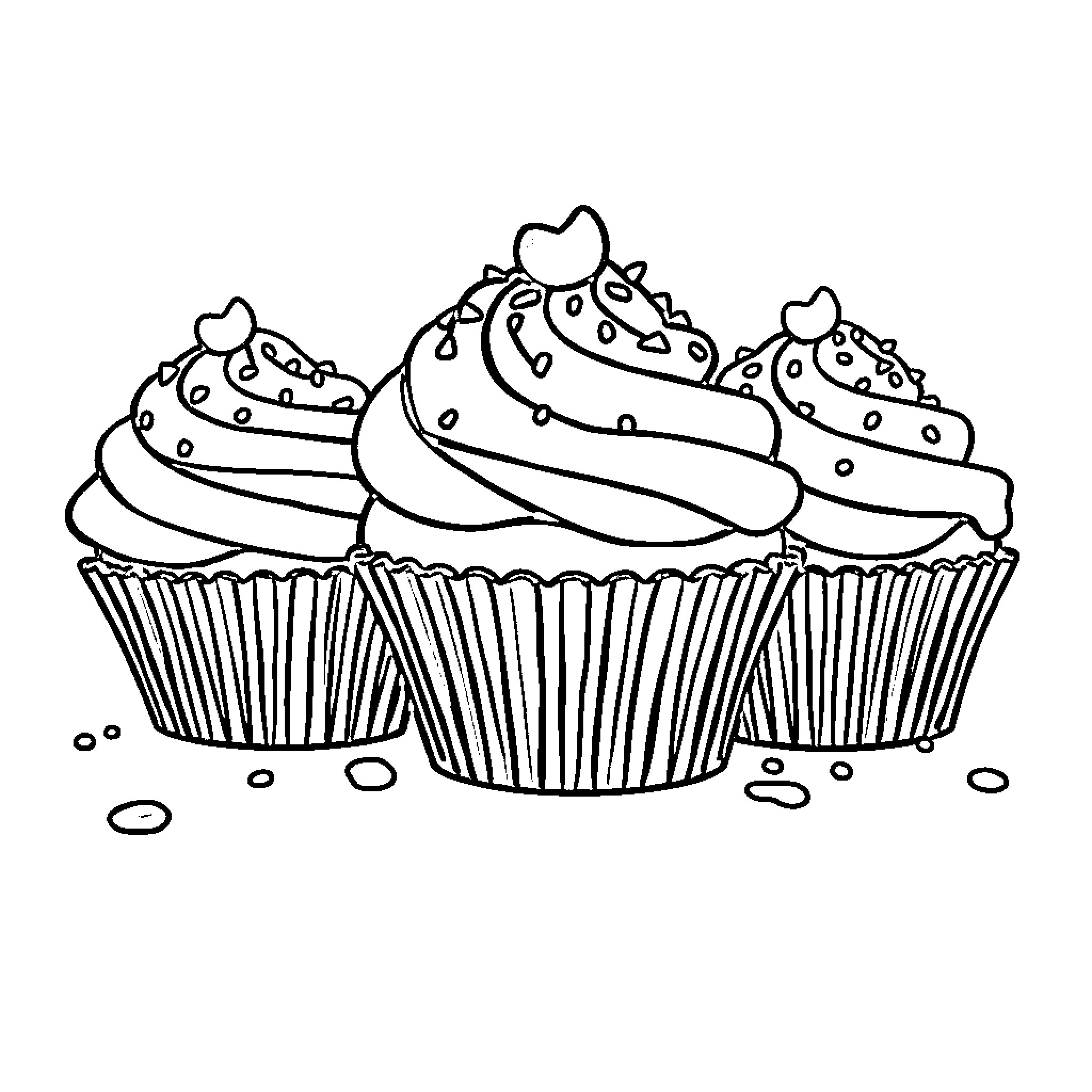 Cupcakes with decorative frosting and sprinkles Coloring Page (free black-and-white line drawing printable PDF for all, from beginners to advanced learners, including children, teens, adults, and seniors)