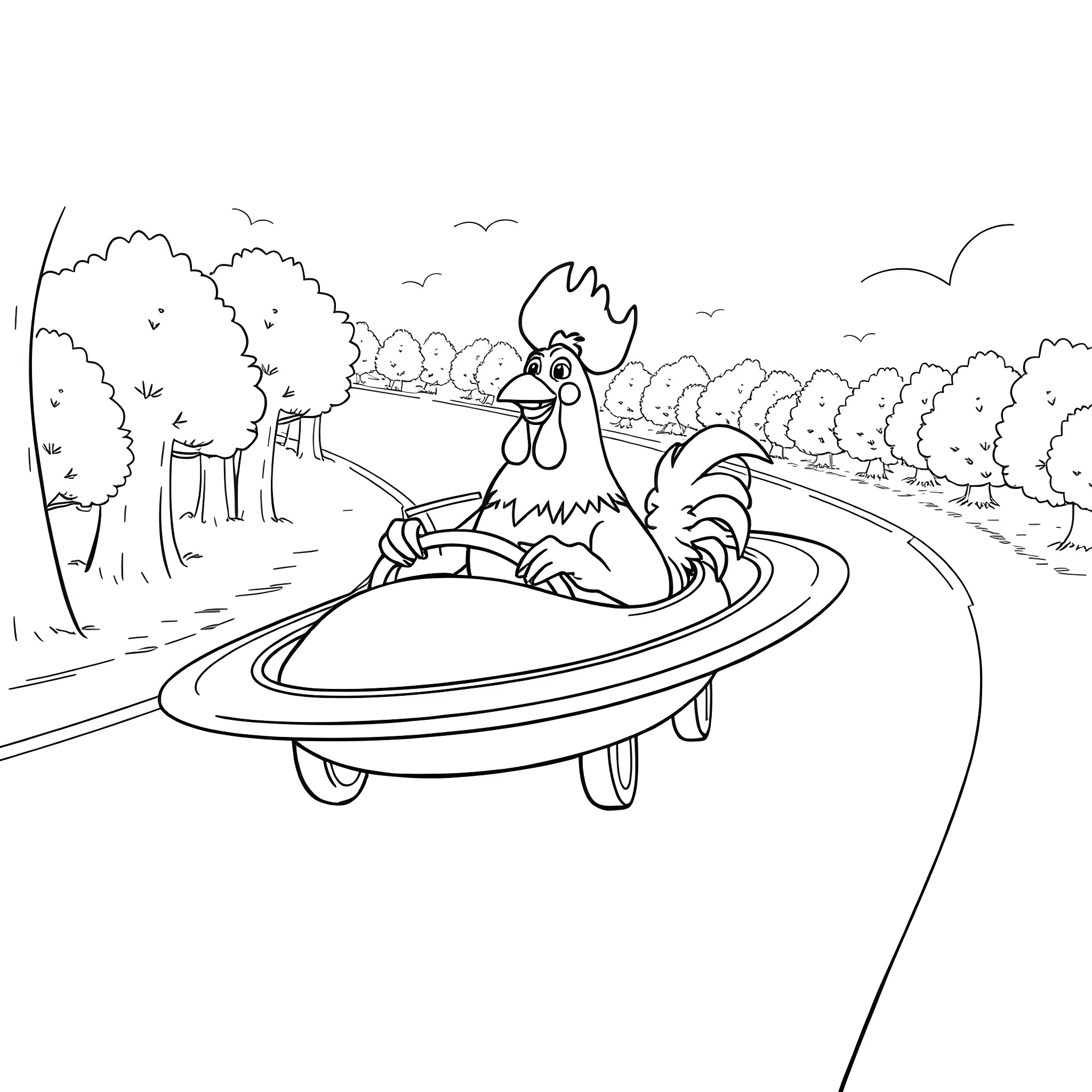 Chicken driving a flying saucer on the road Coloring Page (free black-and-white line drawing printable PDF for all, from beginners to advanced learners, including children, teens, adults, and seniors)