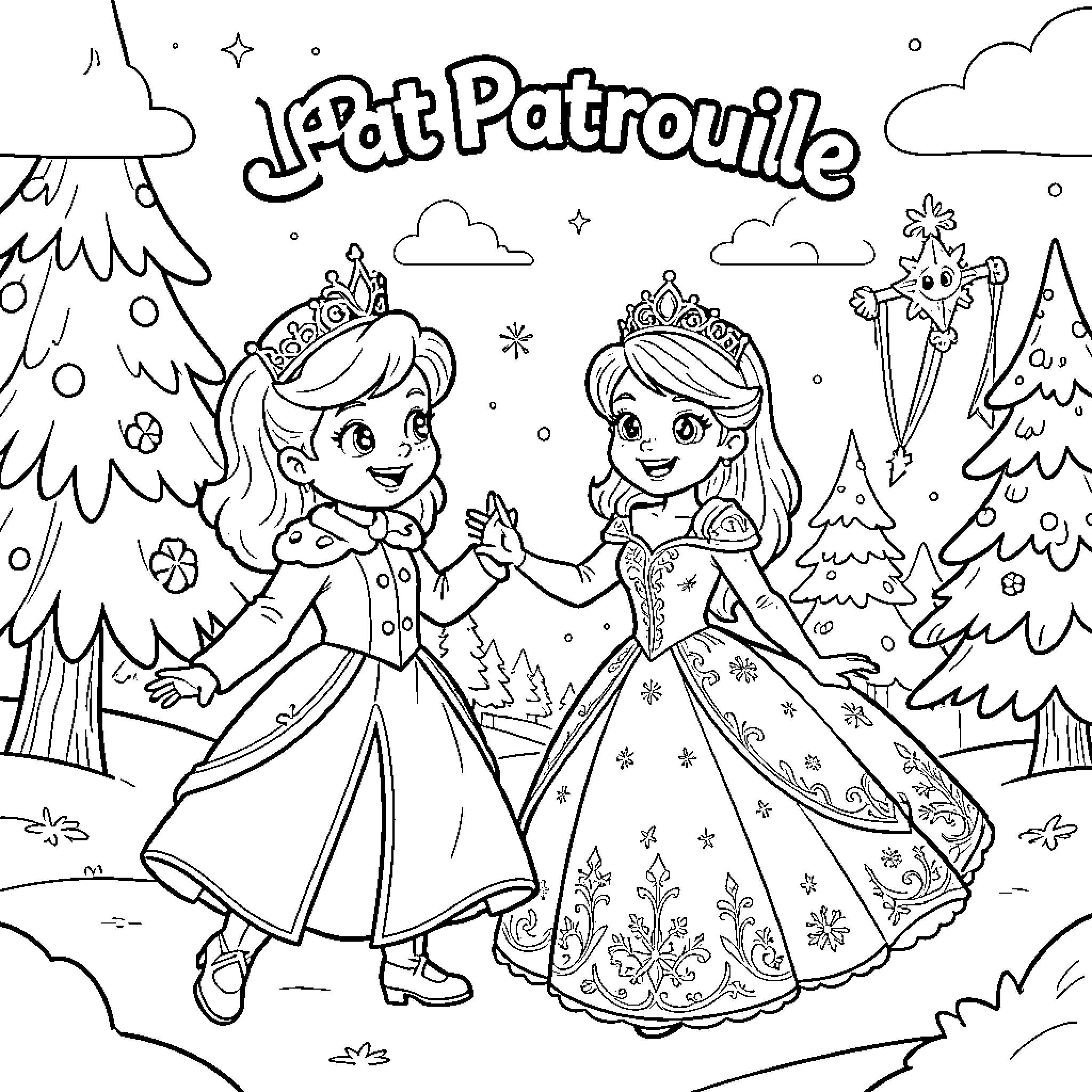Paw Patrol princesses celebrating in a winter wonderland Coloring Page (free black-and-white line drawing printable PDF for all, from beginners to advanced learners, including children, teens, adults, and seniors)