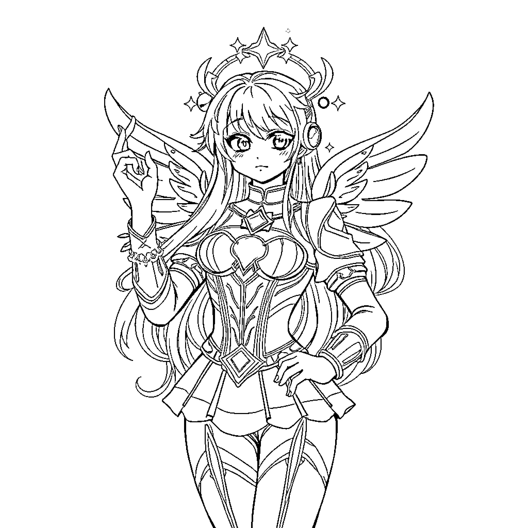 Gemini Magical Girl in Fantastical Outfit Coloring Page (free black-and-white line drawing printable PDF for all, from beginners to advanced learners, including children, teens, adults, and seniors)