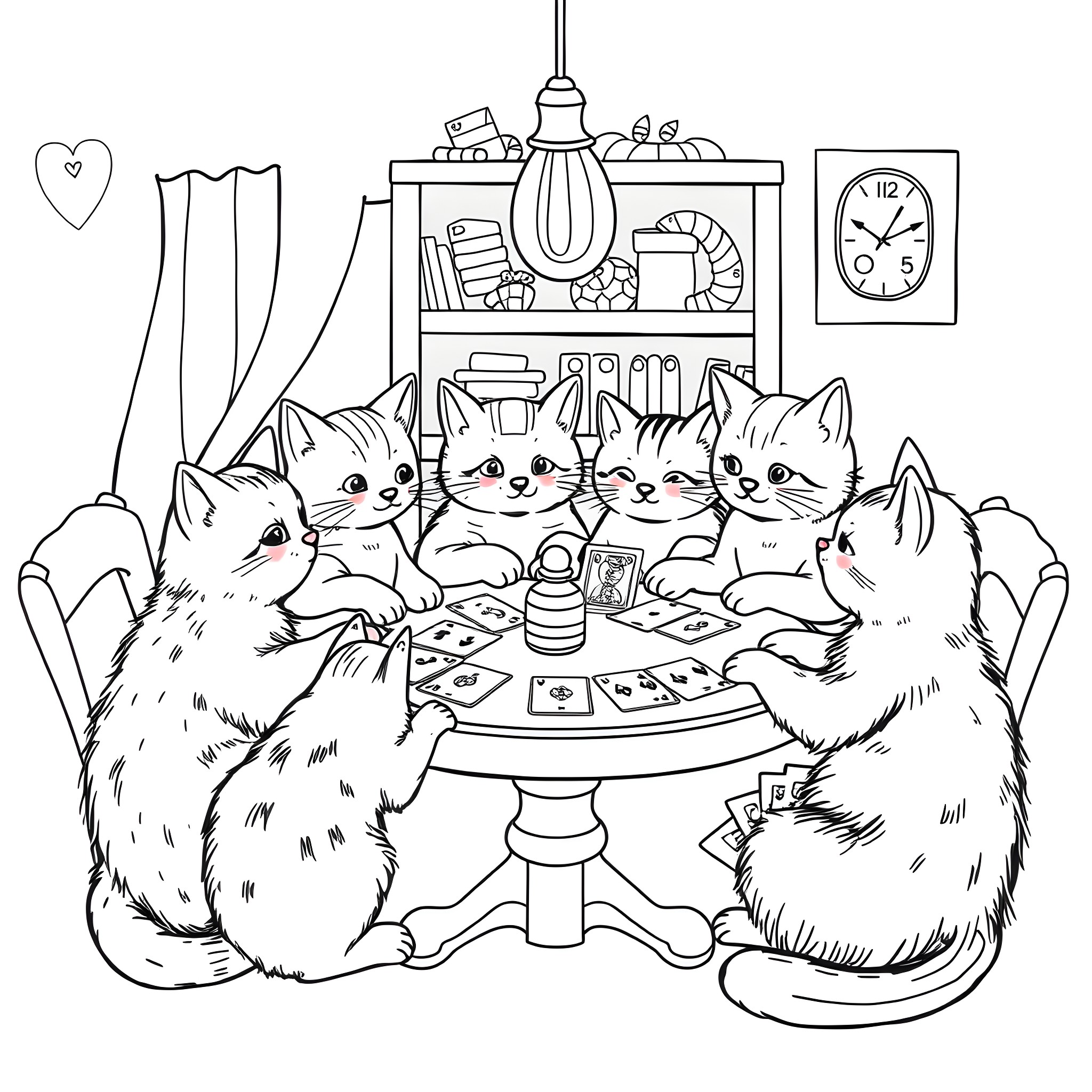 Cats playing a board game together in a cozy home Coloring Page (free black-and-white line drawing printable PDF for all, from beginners to advanced learners, including children, teens, adults, and seniors)