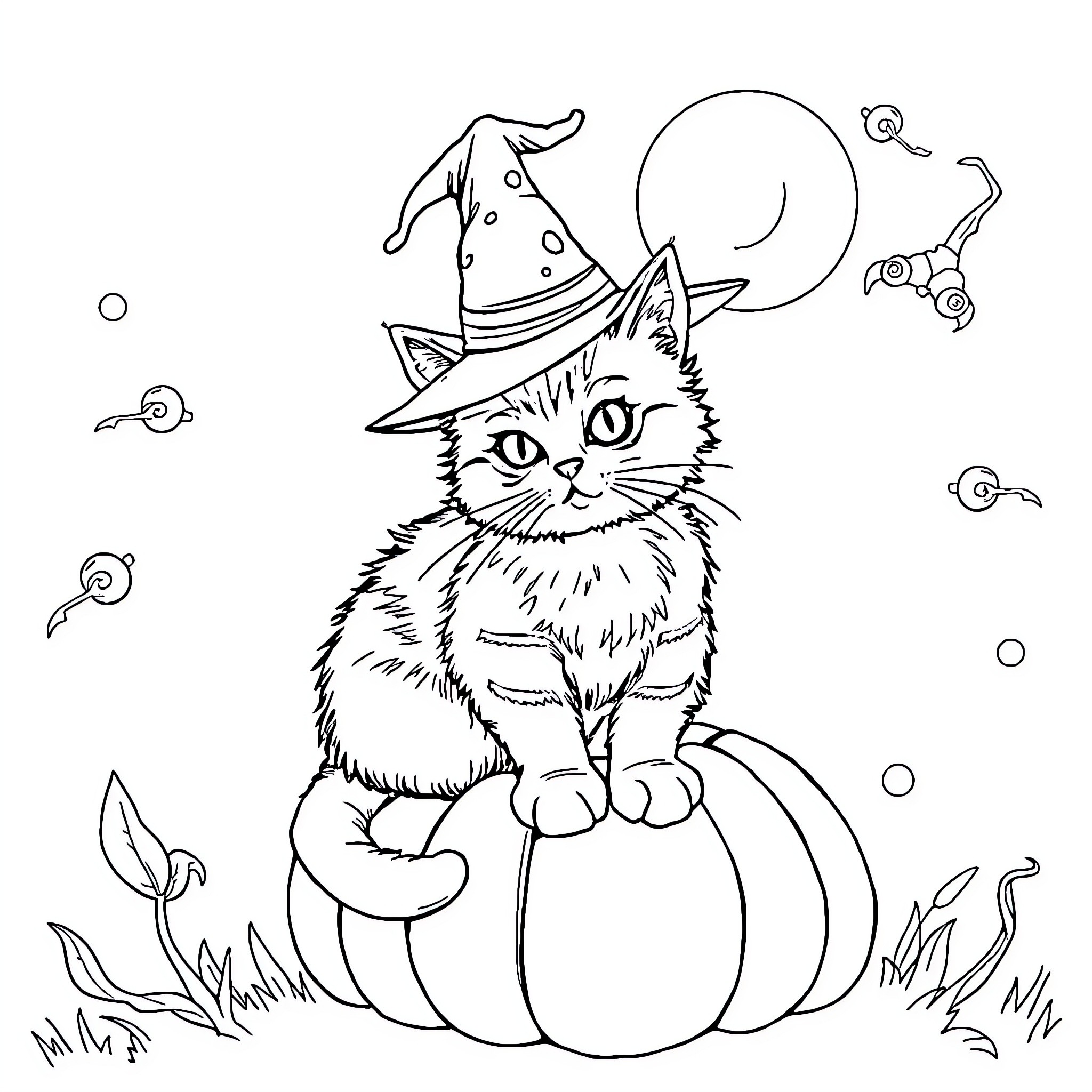 Cat in a Halloween Costume on a Pumpkin Coloring Page (free black-and-white line drawing printable PDF for all, from beginners to advanced learners, including children, teens, adults, and seniors)