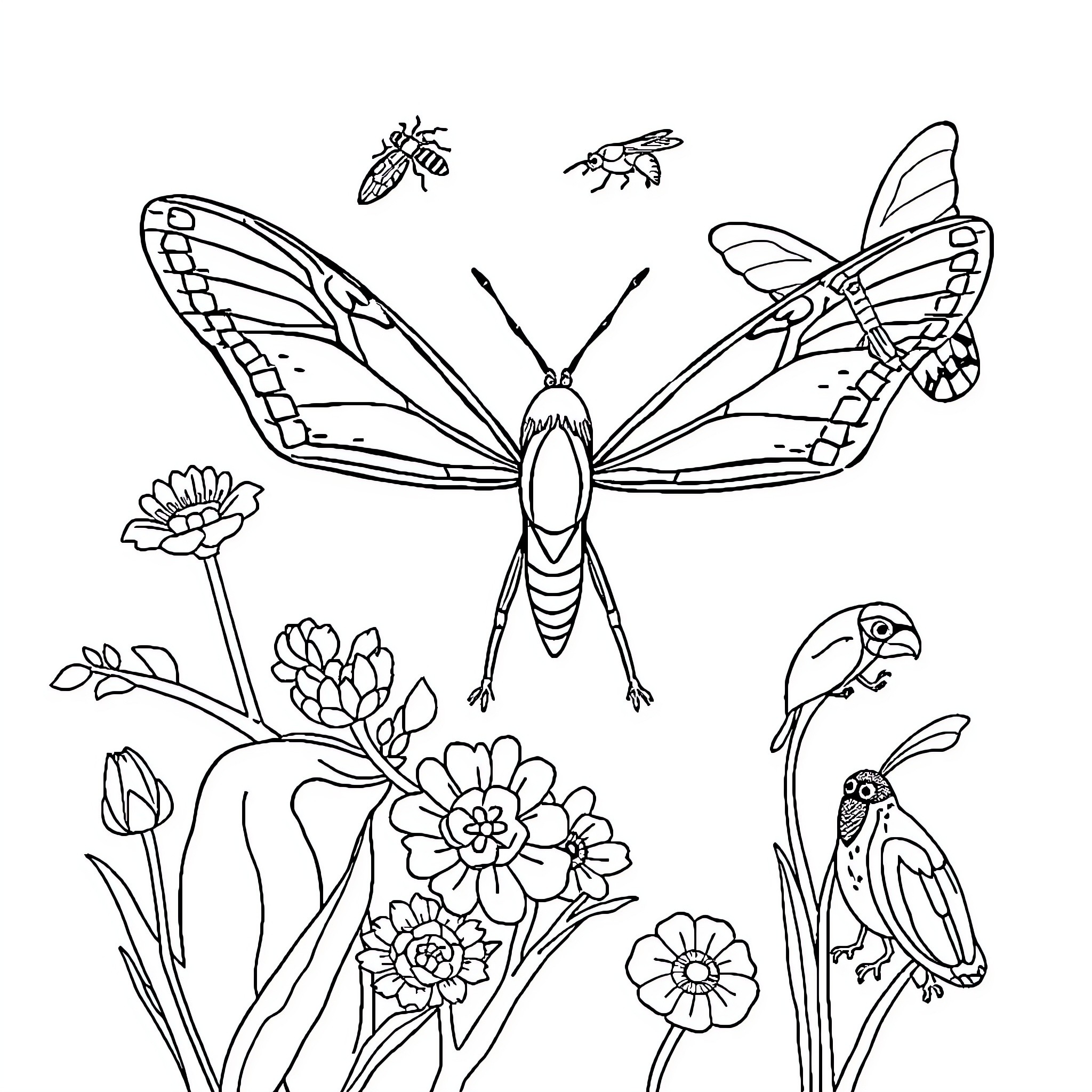 Animal friends in a nature scene Coloring Page (free black-and-white line drawing printable PDF for all, from beginners to advanced learners, including children, teens, adults, and seniors)