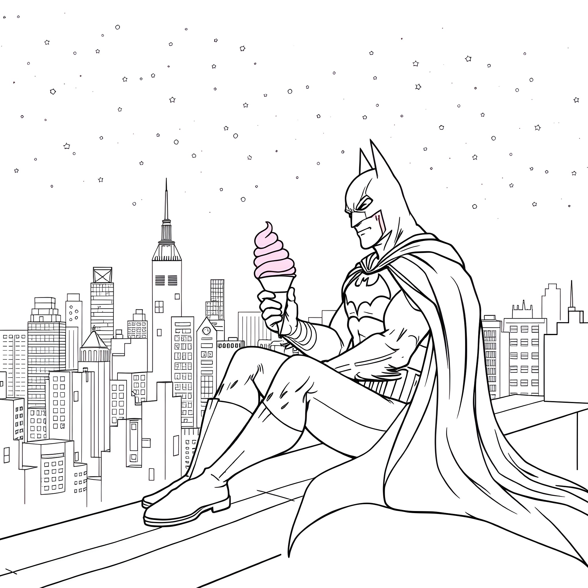 Batman enjoying an ice cream treat overlooking the city Coloring Page (free black-and-white line drawing printable PDF for all, from beginners to advanced learners, including children, teens, adults, and seniors)
