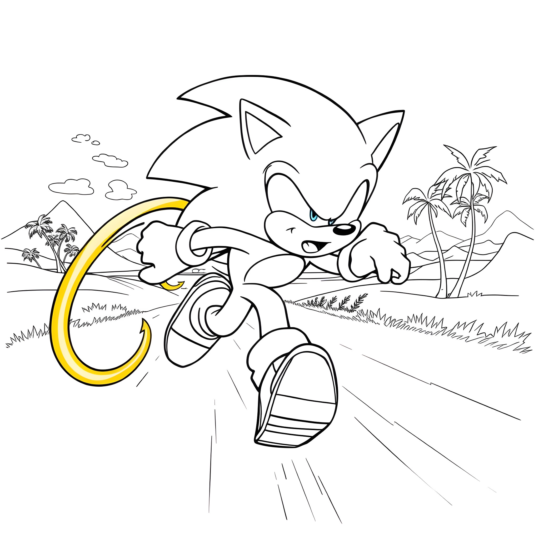 Sonic the Hedgehog in a tropical adventure Coloring Page (free black-and-white line drawing printable PDF for all, from beginners to advanced learners, including children, teens, adults, and seniors)