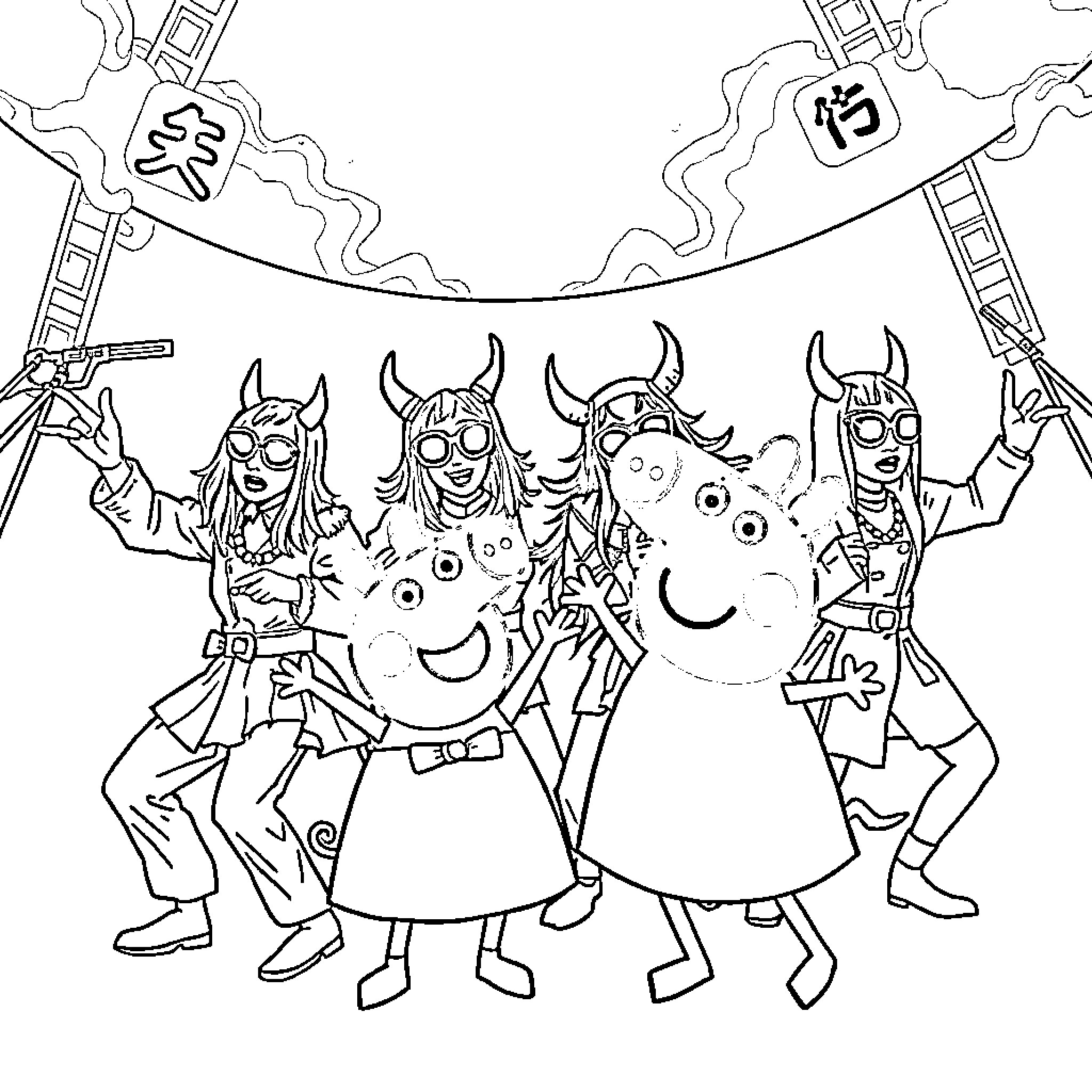 Demon Hunters in Action with Playful Monsters Coloring Page (free black-and-white line drawing printable PDF for all, from beginners to advanced learners, including children, teens, adults, and seniors)