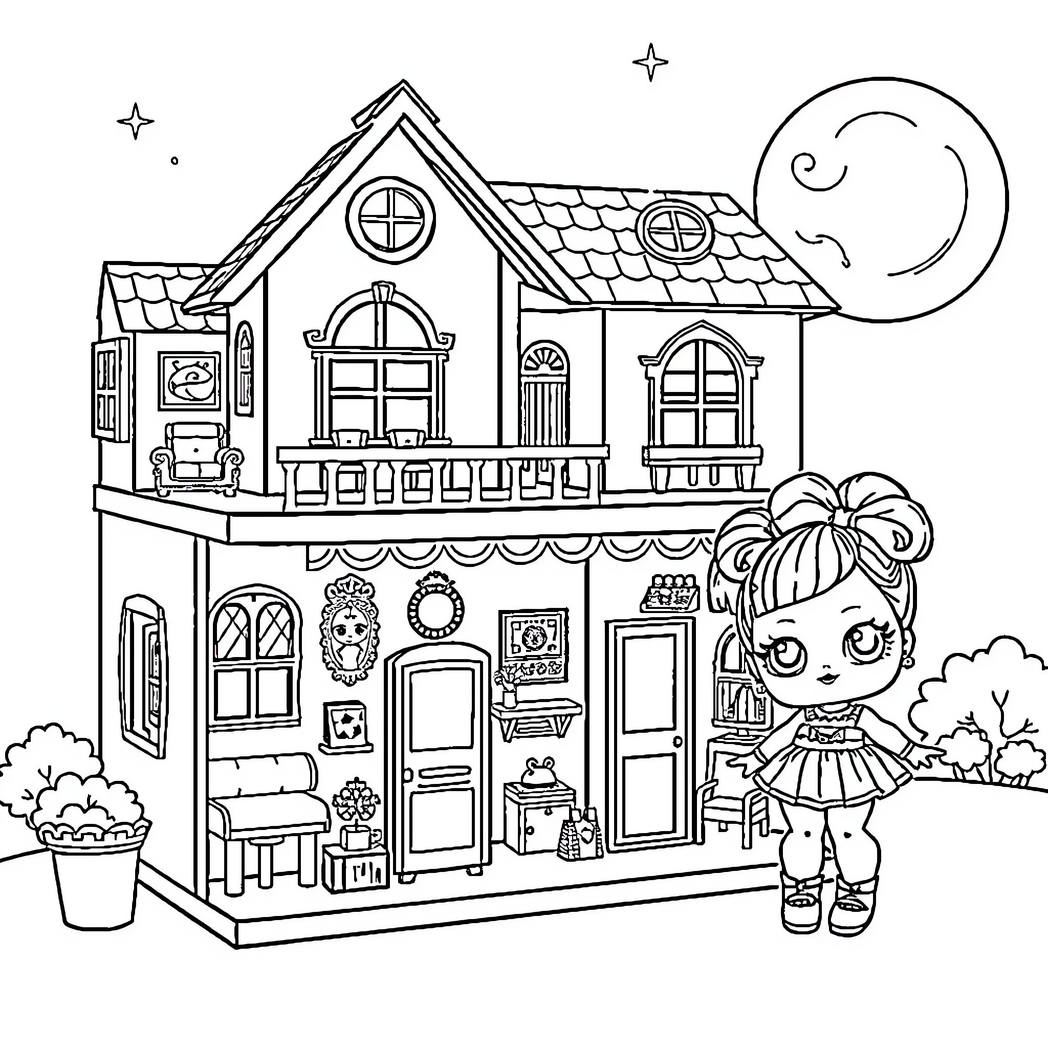 Gabby Dollhouse with Detailed Accessories and Decor Coloring Page (free black-and-white line drawing printable PDF for all, from beginners to advanced learners, including children, teens, adults, and seniors)