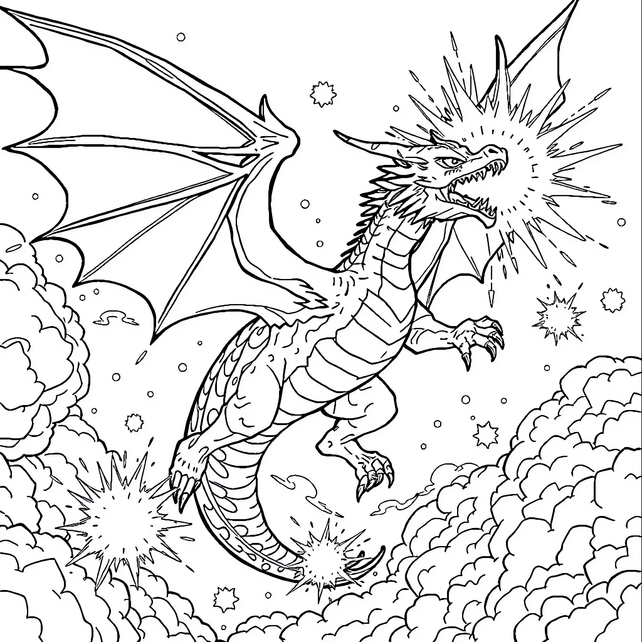 Dragon Unleashing Powerful Breath in the Cloudy Sky Coloring Page (free black-and-white line drawing printable PDF for all, from beginners to advanced learners, including children, teens, adults, and seniors)
