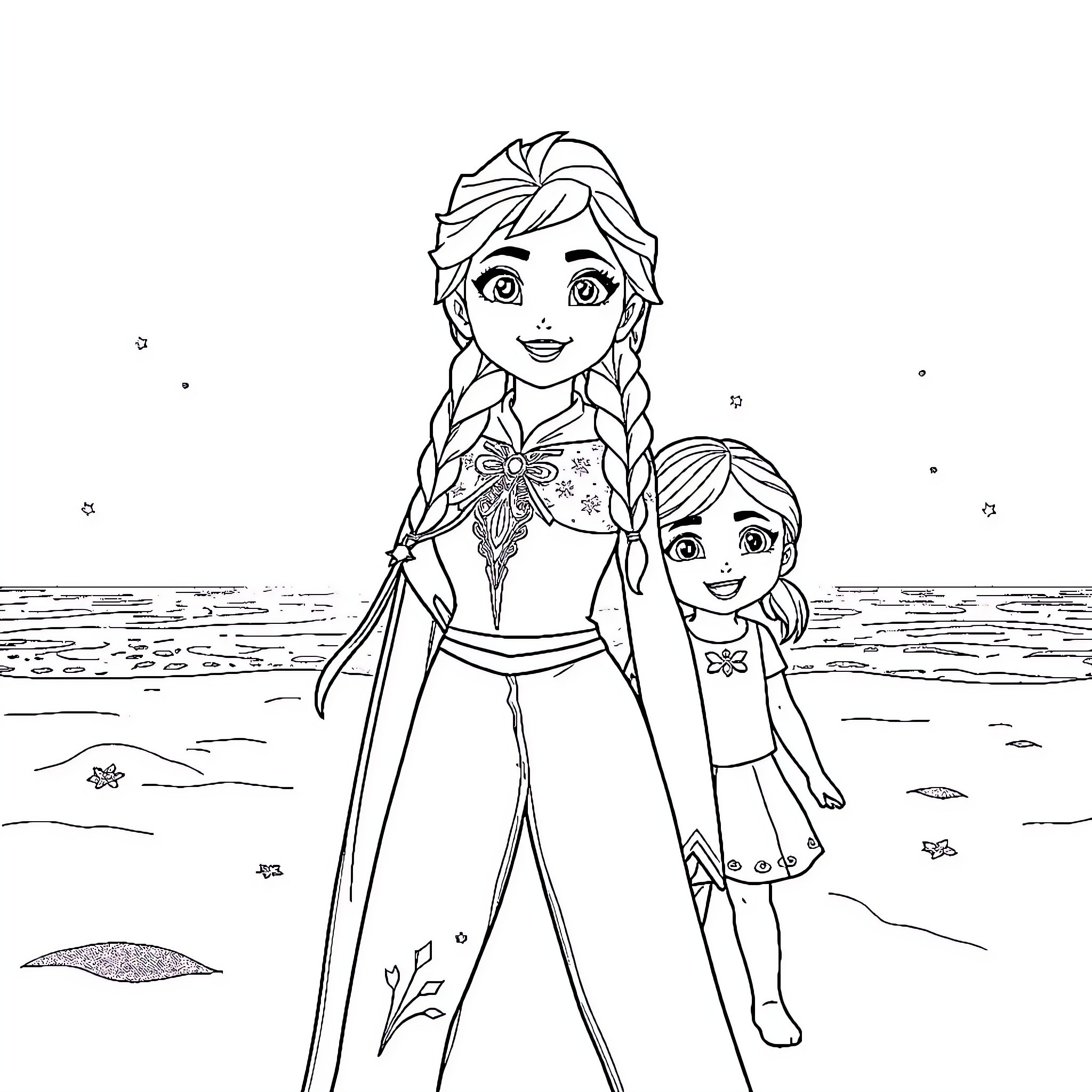Anna and her young companion enjoying the beach Coloring Page (free black-and-white line drawing printable PDF for all, from beginners to advanced learners, including children, teens, adults, and seniors)
