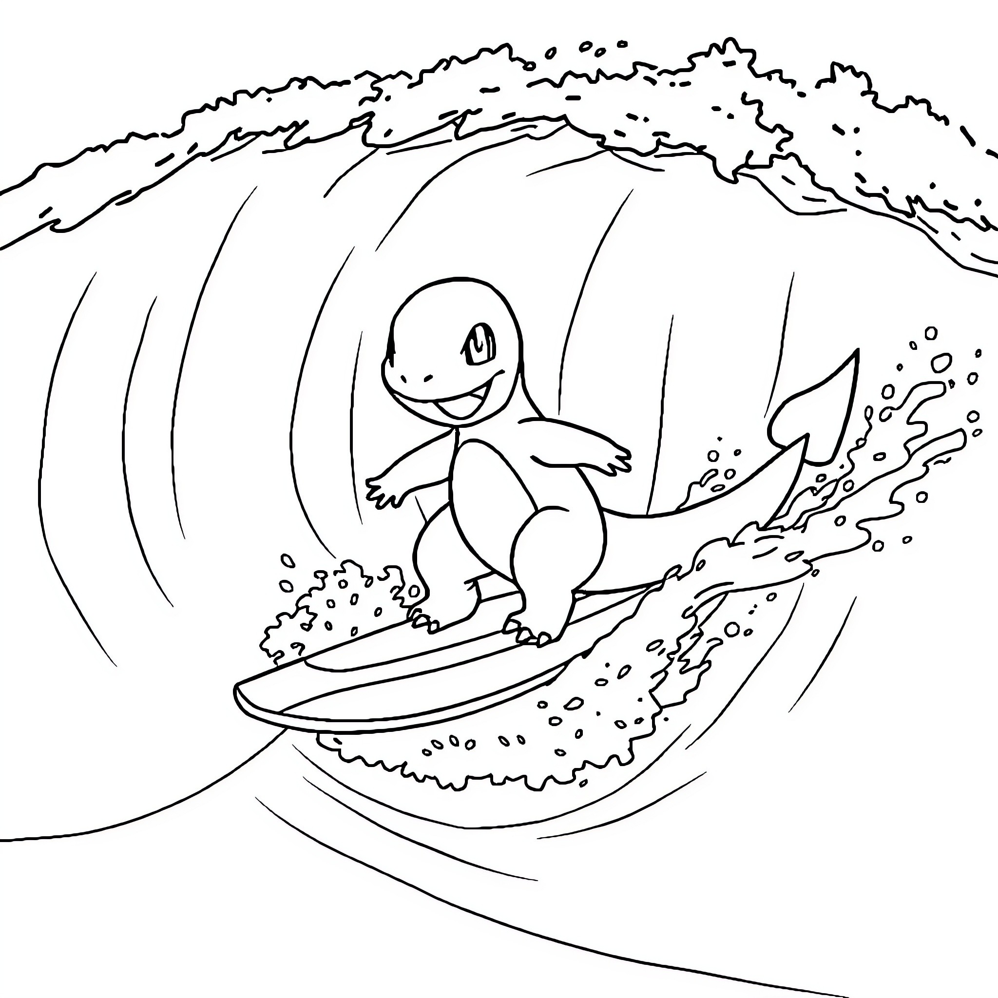 Charmander surfing on a wave Coloring Page (free black-and-white line drawing printable PDF for all, from beginners to advanced learners, including children, teens, adults, and seniors)