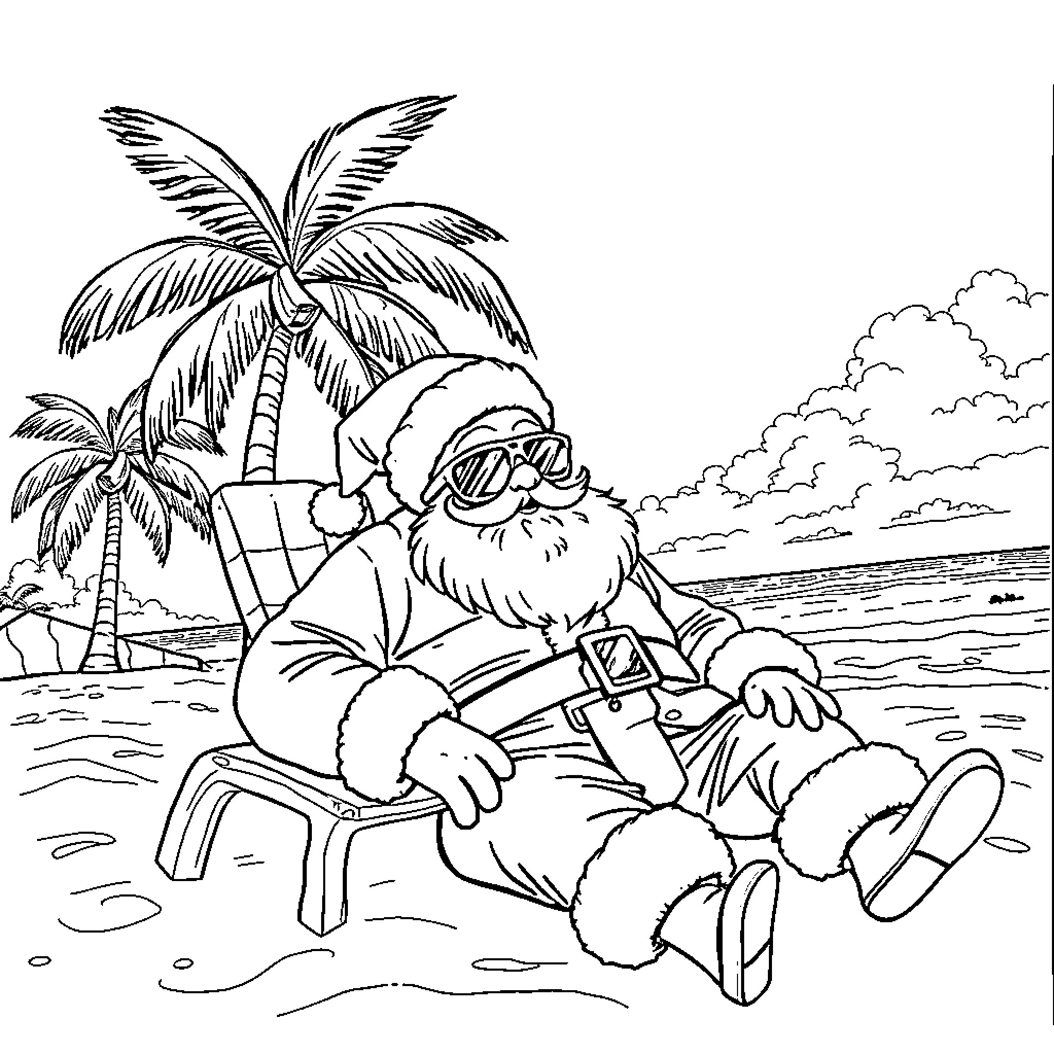 Santa Claus relaxing on the beach Coloring Page (free black-and-white line drawing printable PDF for all, from beginners to advanced learners, including children, teens, adults, and seniors)