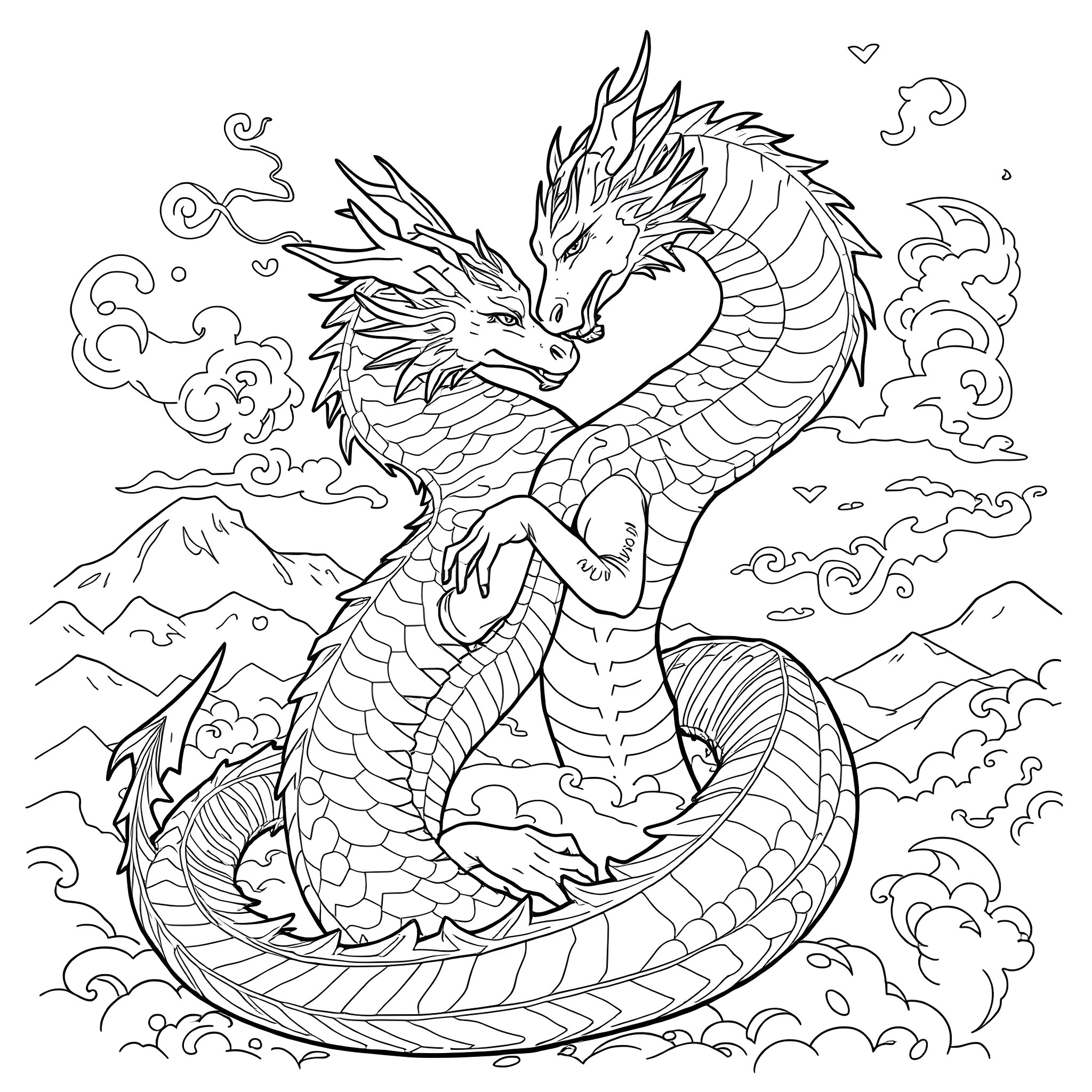 Dragon soaring through the enchanted skies Coloring Page (free black-and-white line drawing printable PDF for all, from beginners to advanced learners, including children, teens, adults, and seniors)