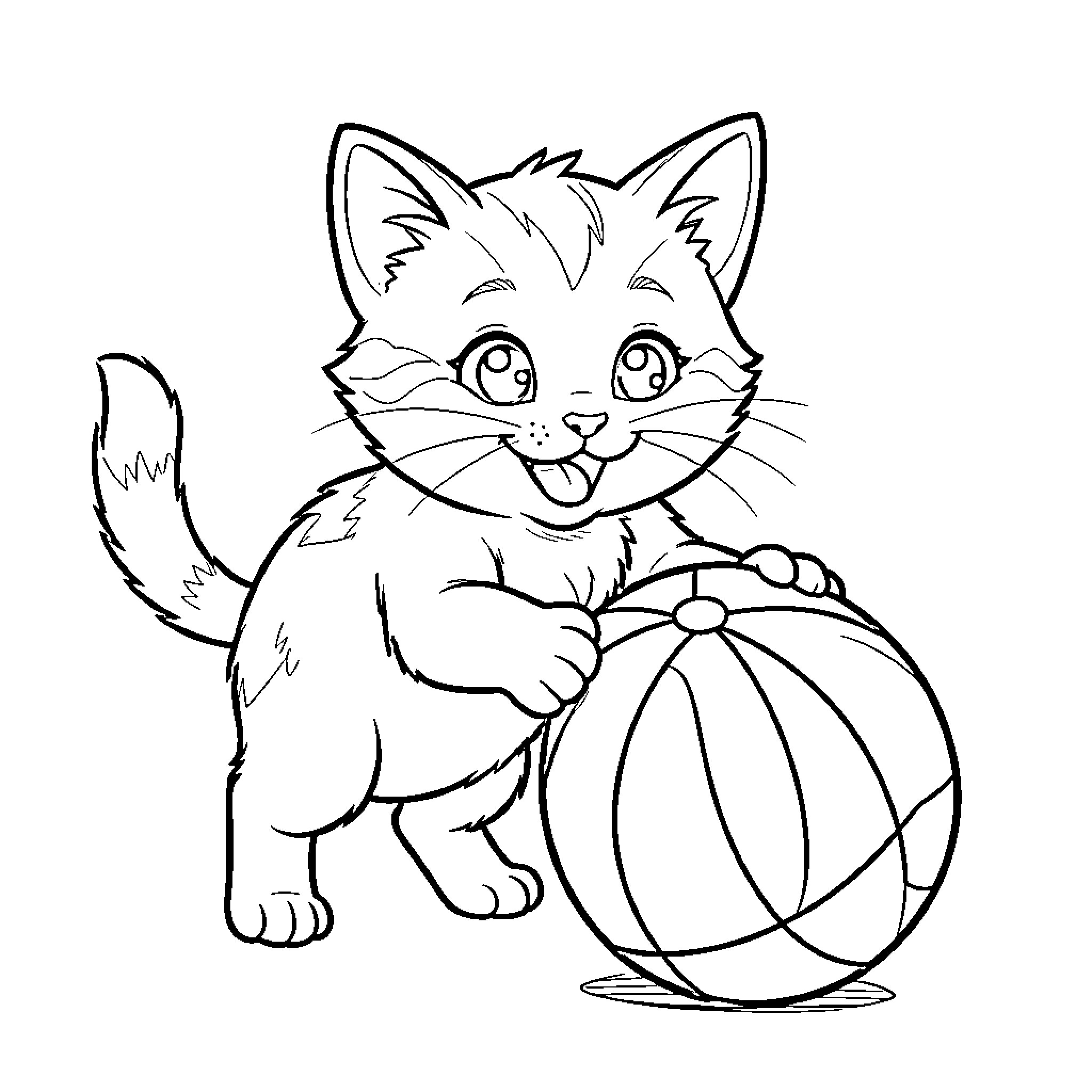 Cat playing with colorful ball Coloring Page (free black-and-white line drawing printable PDF for all, from beginners to advanced learners, including children, teens, adults, and seniors)