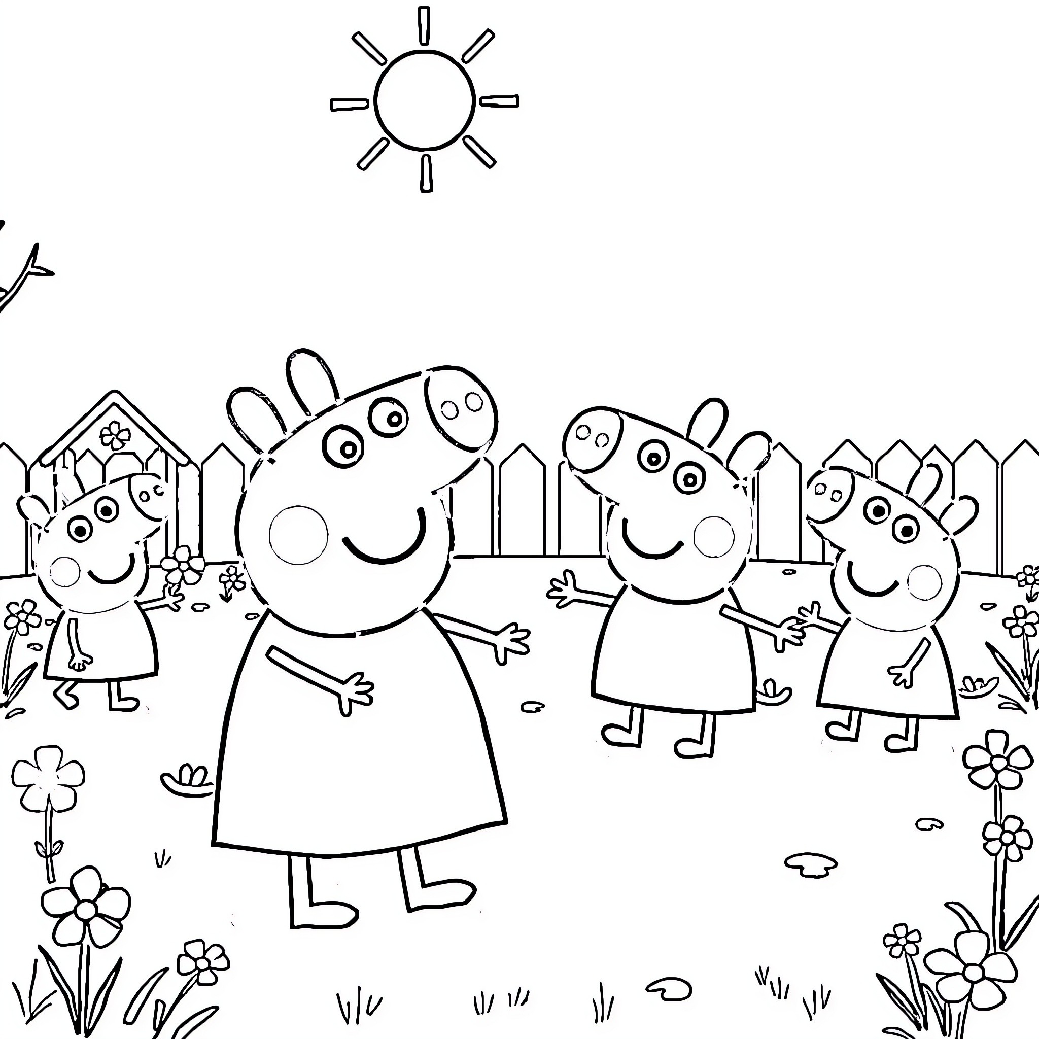 Pepa Pigue and family playing happily outdoors Coloring Page (free black-and-white line drawing printable PDF for all, from beginners to advanced learners, including children, teens, adults, and seniors)