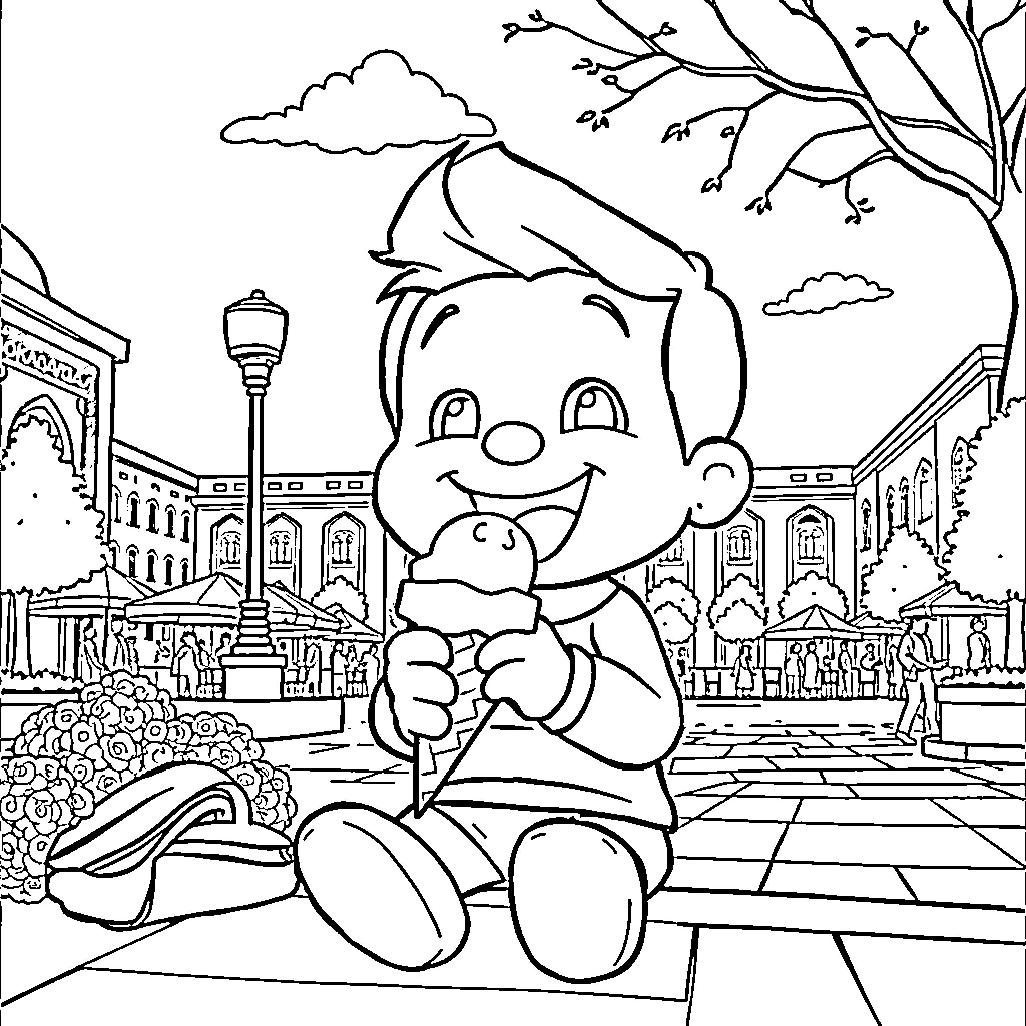 Newton's Playful Adventure in Town Coloring Page (free black-and-white line drawing printable PDF for all, from beginners to advanced learners, including children, teens, adults, and seniors)