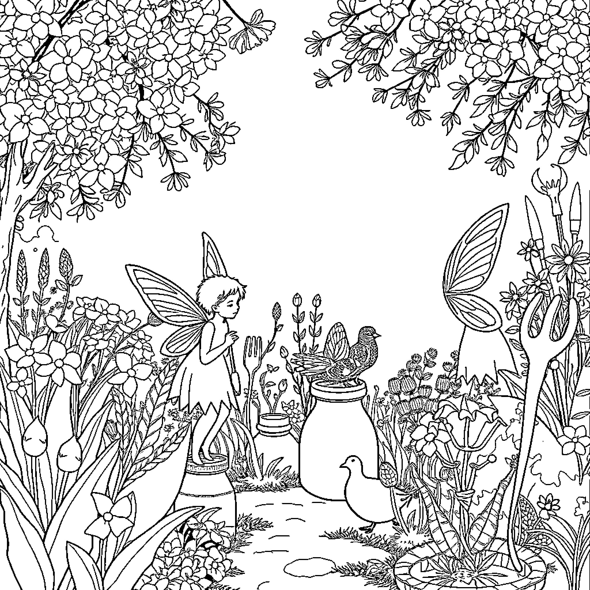 Feeblossoms and fairies in a whimsical garden Coloring Page (free black-and-white line drawing printable PDF for all, from beginners to advanced learners, including children, teens, adults, and seniors)