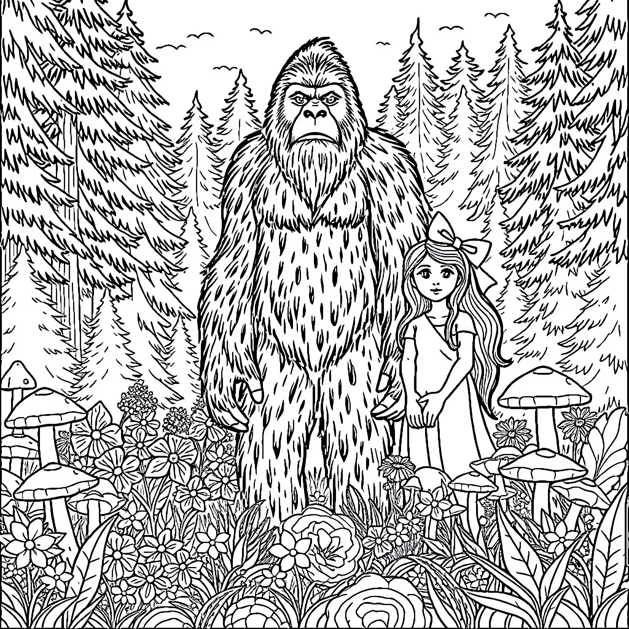 Sasquatch encountering a young girl in the enchanted forest Coloring Page (free black-and-white line drawing printable PDF for all, from beginners to advanced learners, including children, teens, adults, and seniors)