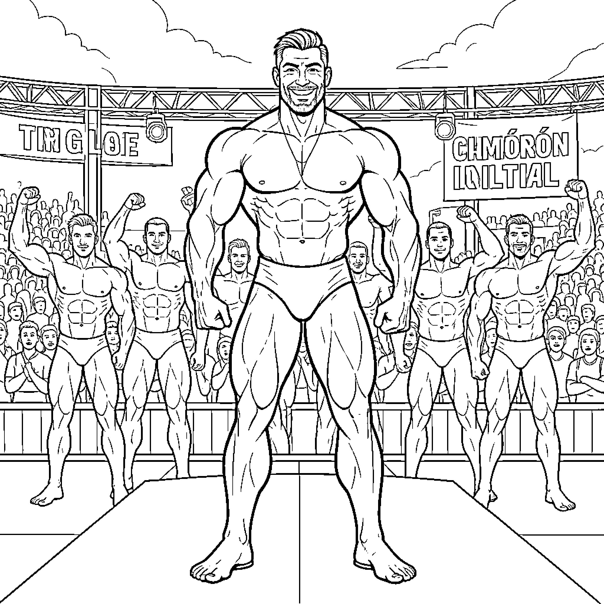 Culturista posing confidently during a bodybuilding competition Coloring Page (free black-and-white line drawing printable PDF for all, from beginners to advanced learners, including children, teens, adults, and seniors)