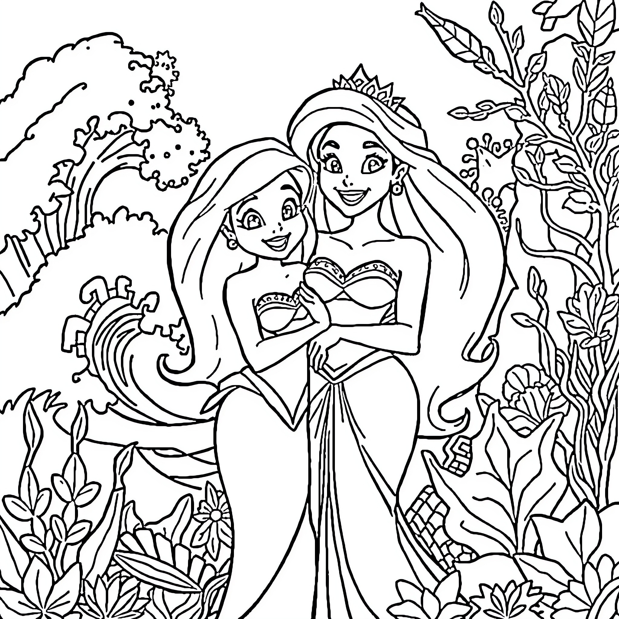 Ariel and Tiana enjoying nature's wonders Coloring Page (free black-and-white line drawing printable PDF for all, from beginners to advanced learners, including children, teens, adults, and seniors)