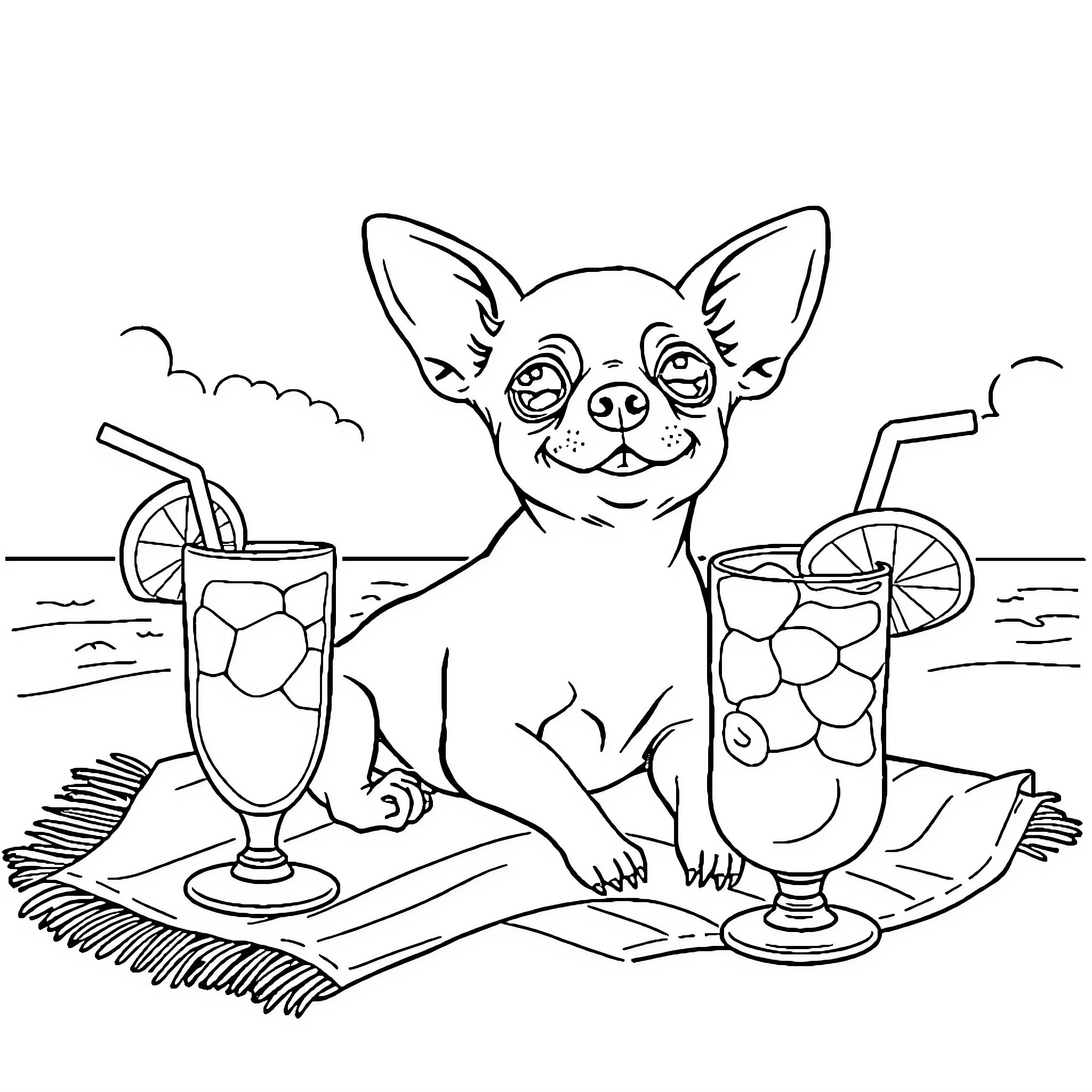 Chihuahua enjoying tropical drinks on the beach Coloring Page (free black-and-white line drawing printable PDF for all, from beginners to advanced learners, including children, teens, adults, and seniors)