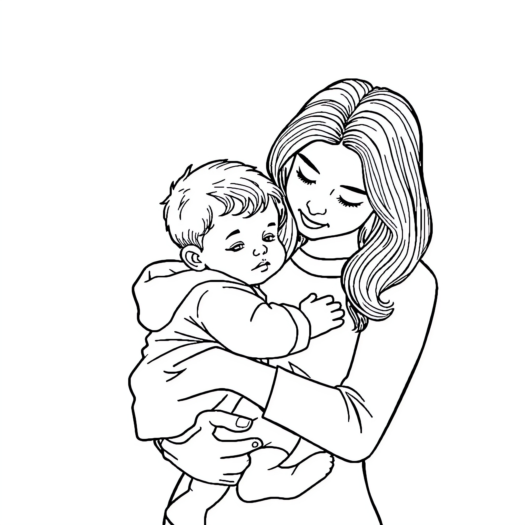 Mummy Embracing and Comforting Her Child Coloring Page (free black-and-white line drawing printable PDF for all, from beginners to advanced learners, including children, teens, adults, and seniors)