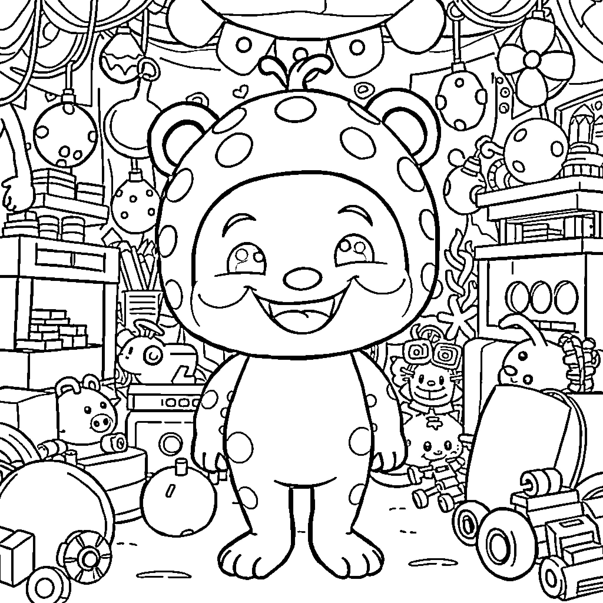 Labubu and the Playful Cartoon World Coloring Page (free black-and-white line drawing printable PDF for all, from beginners to advanced learners, including children, teens, adults, and seniors)