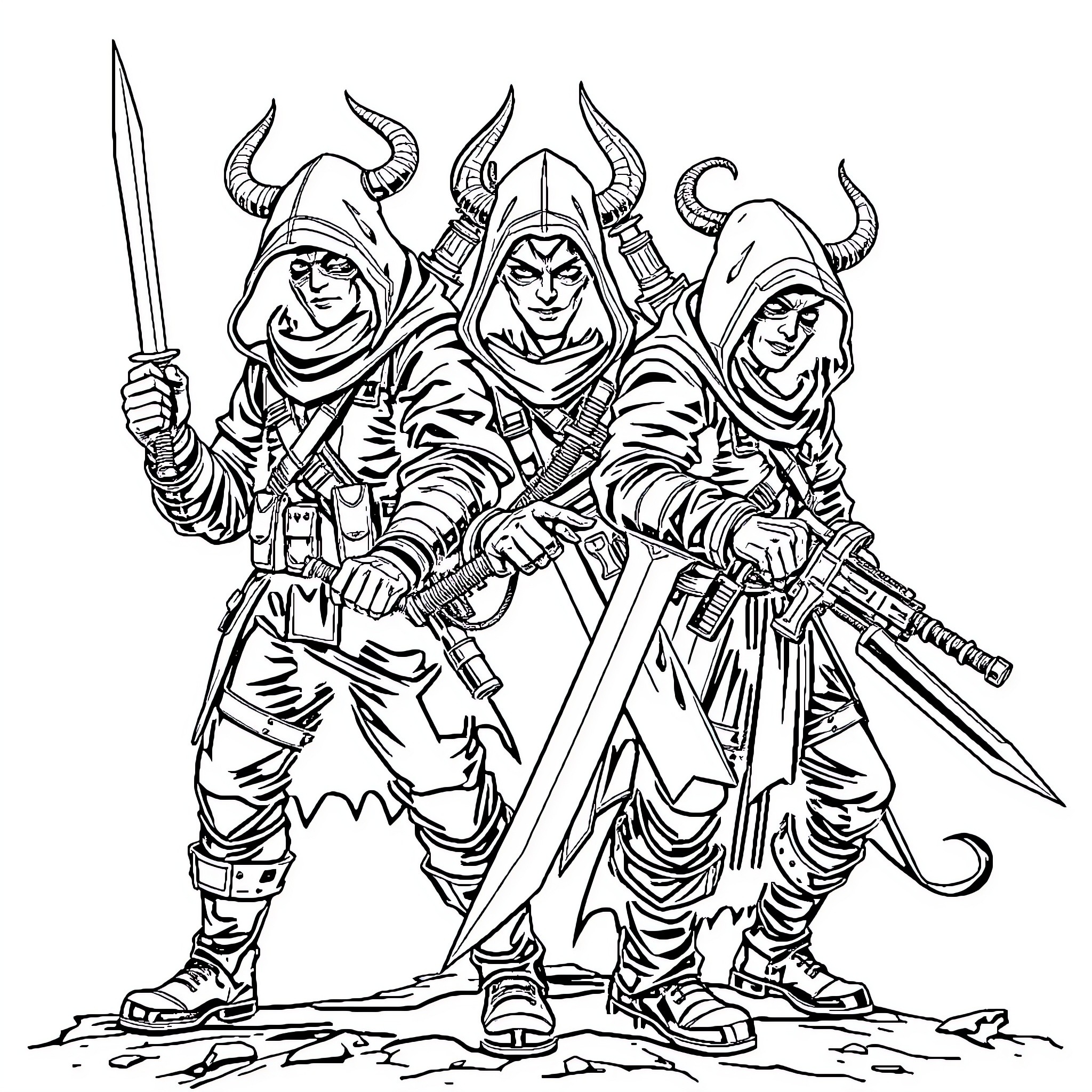 Demon Hunter Group Wielding Swords and Daggers Coloring Page (free black-and-white line drawing printable PDF for all, from beginners to advanced learners, including children, teens, adults, and seniors)
