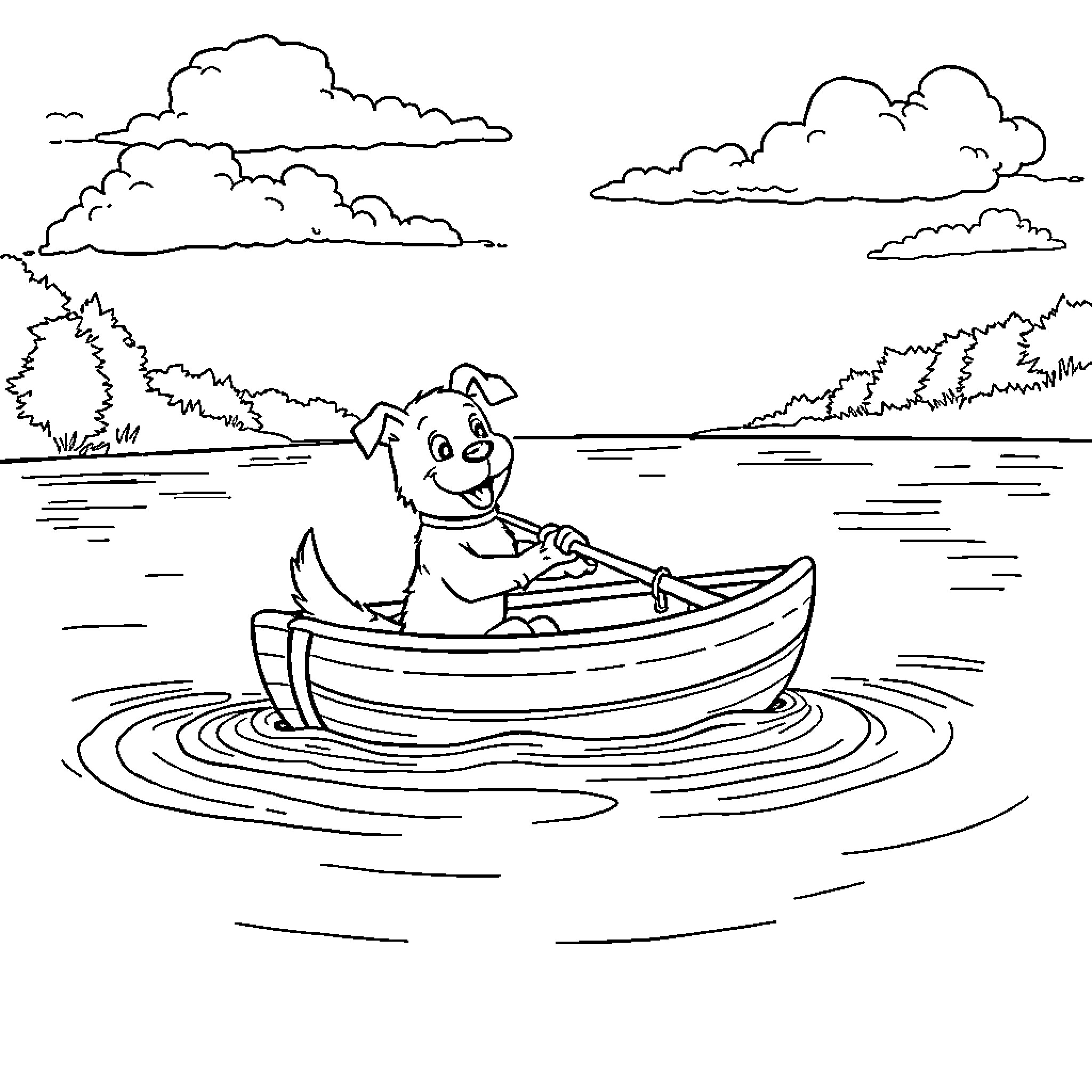 Dog sailing happily in a boat on a lake Coloring Page (free black-and-white line drawing printable PDF for all, from beginners to advanced learners, including children, teens, adults, and seniors)