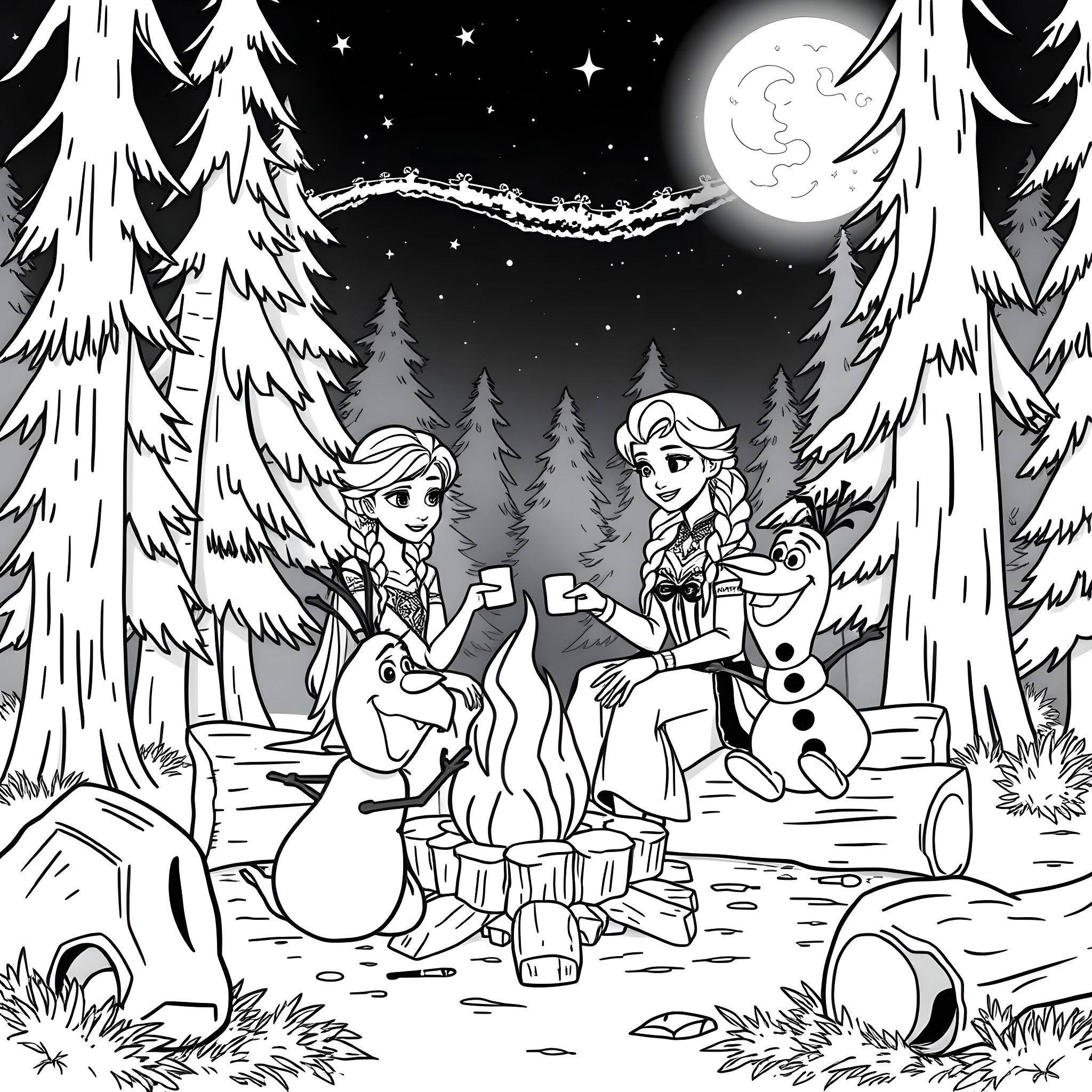 Elsa and Anna enjoying a cozy campfire in the snowy forest Coloring Page (free black-and-white line drawing printable PDF for all, from beginners to advanced learners, including children, teens, adults, and seniors)