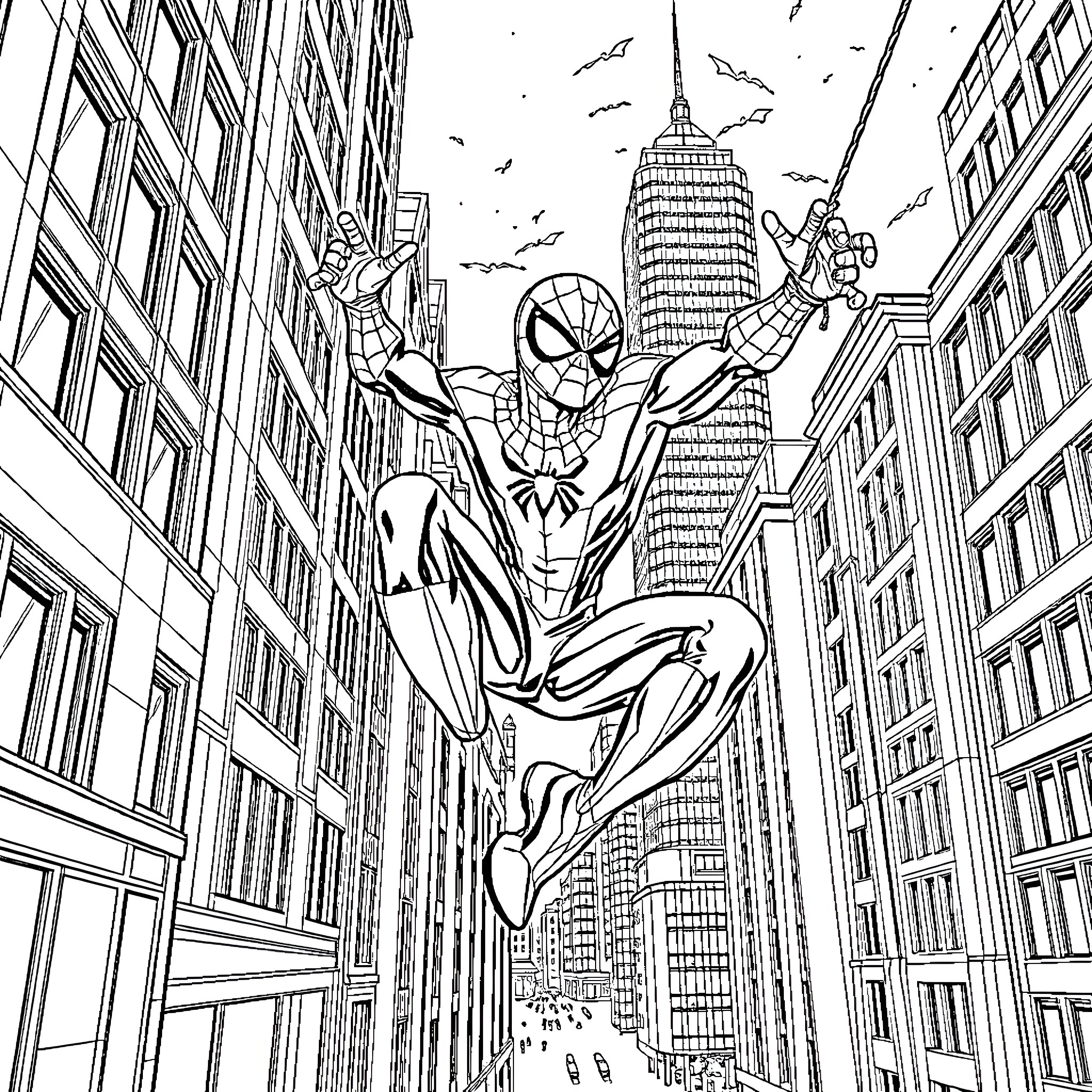 Spiderman swinging through the city skyline Coloring Page (free black-and-white line drawing printable PDF for all, from beginners to advanced learners, including children, teens, adults, and seniors)
