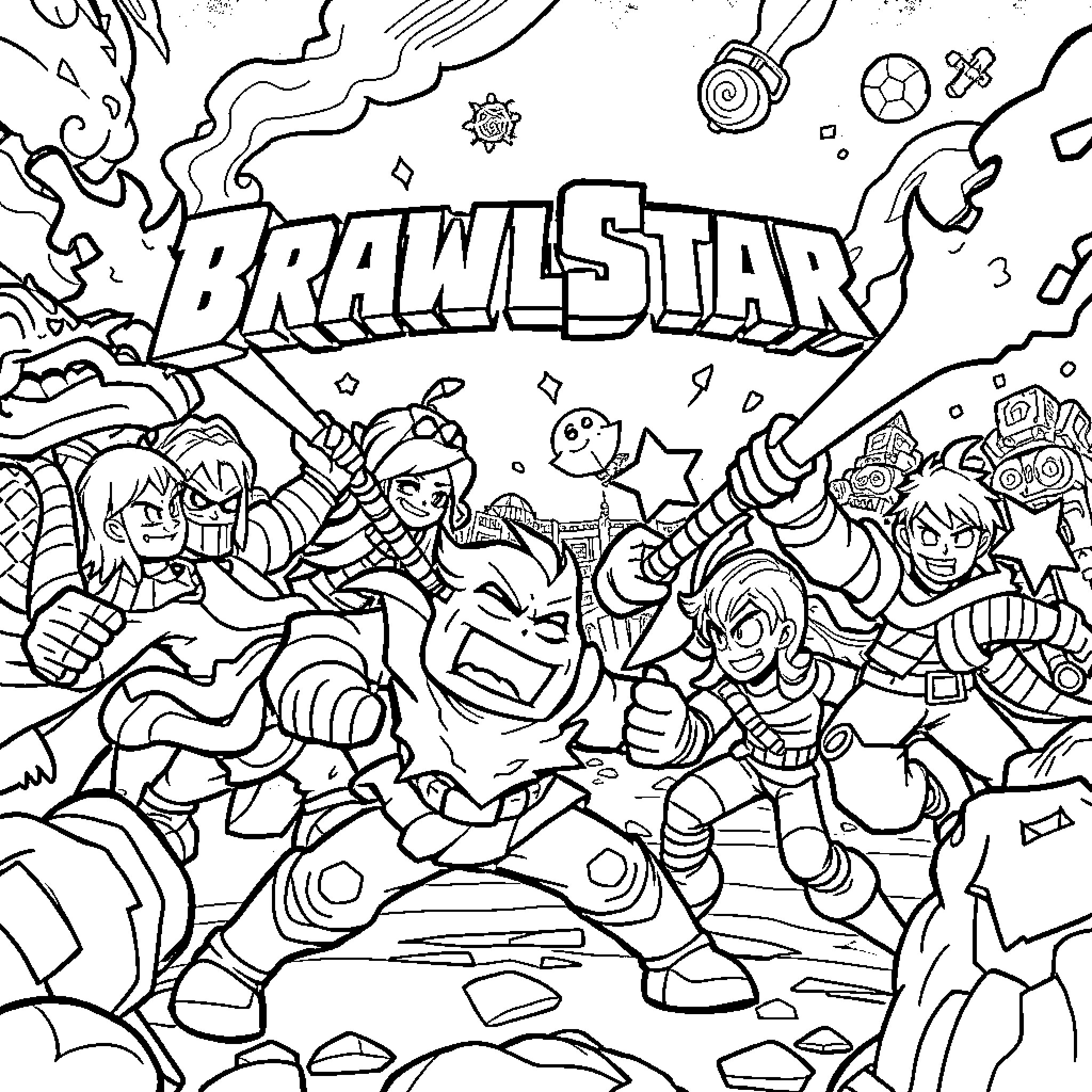 Brawlstar: Chaotic Battle Scene with Heroic Characters Coloring Page (free black-and-white line drawing printable PDF for all, from beginners to advanced learners, including children, teens, adults, and seniors)